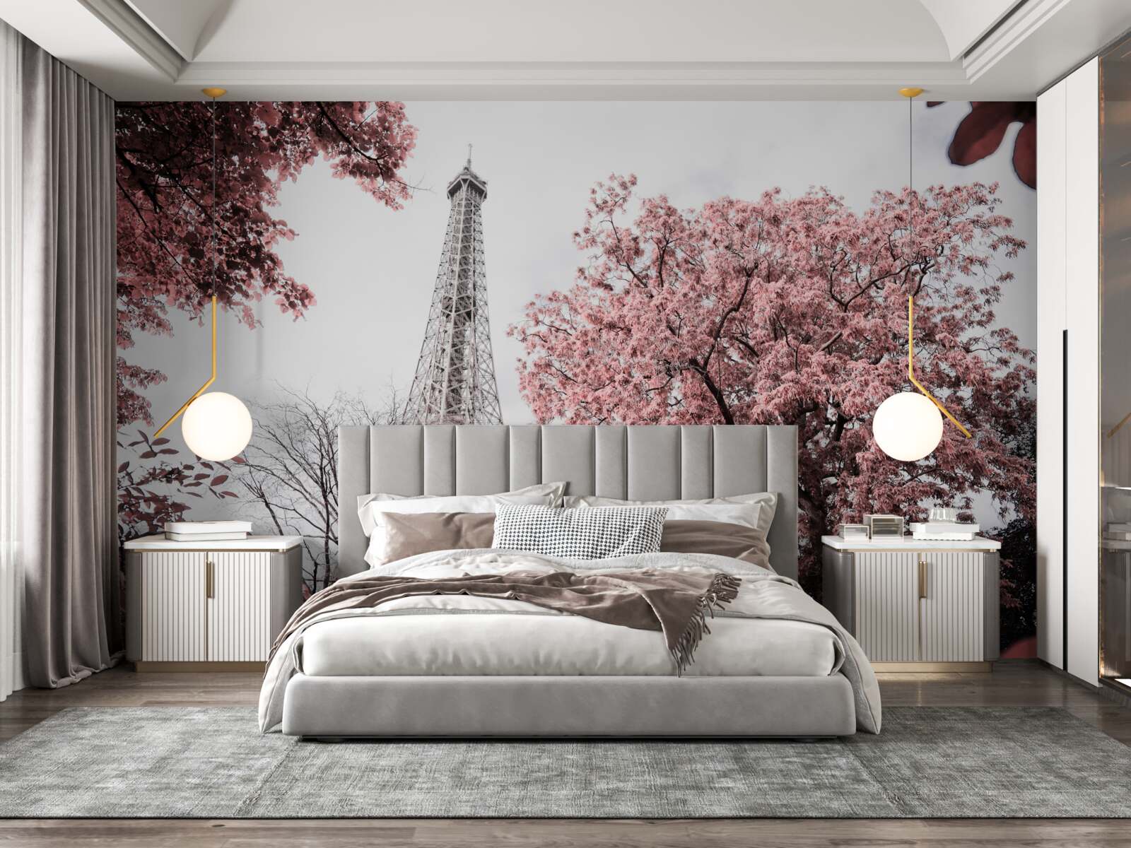 Papier peint tour eiffel entourée de cerisiers en fleurs