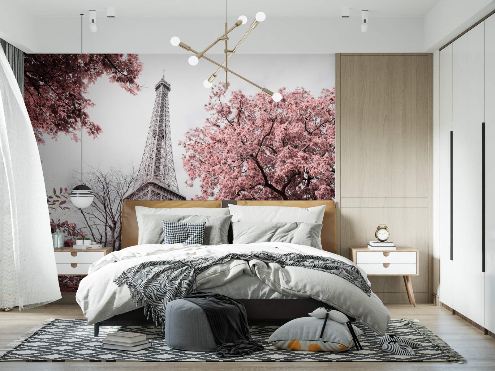 Papier peint tour eiffel entourée de cerisiers en fleurs