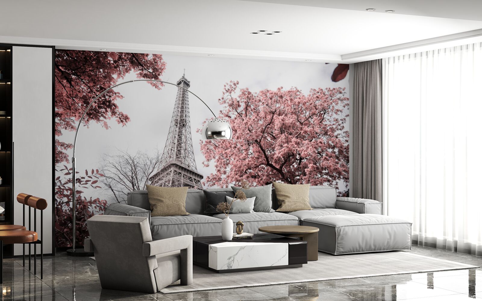 Papier peint tour eiffel entourée de cerisiers en fleurs