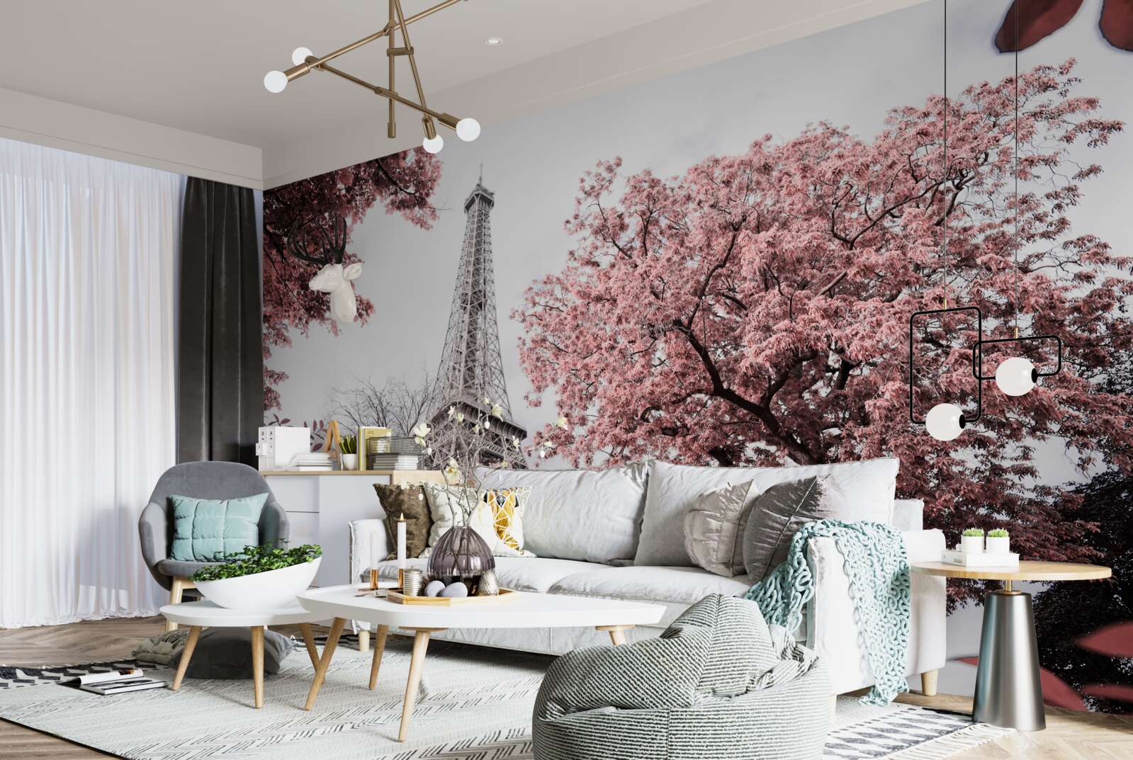 Papier peint tour eiffel entourée de cerisiers en fleurs