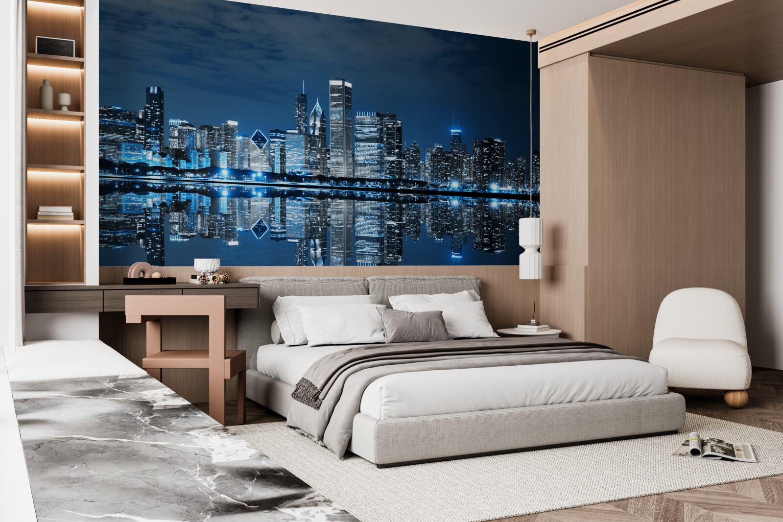 Papier peint reflet des lumières de la ville sur la surface de l'eau la nuit