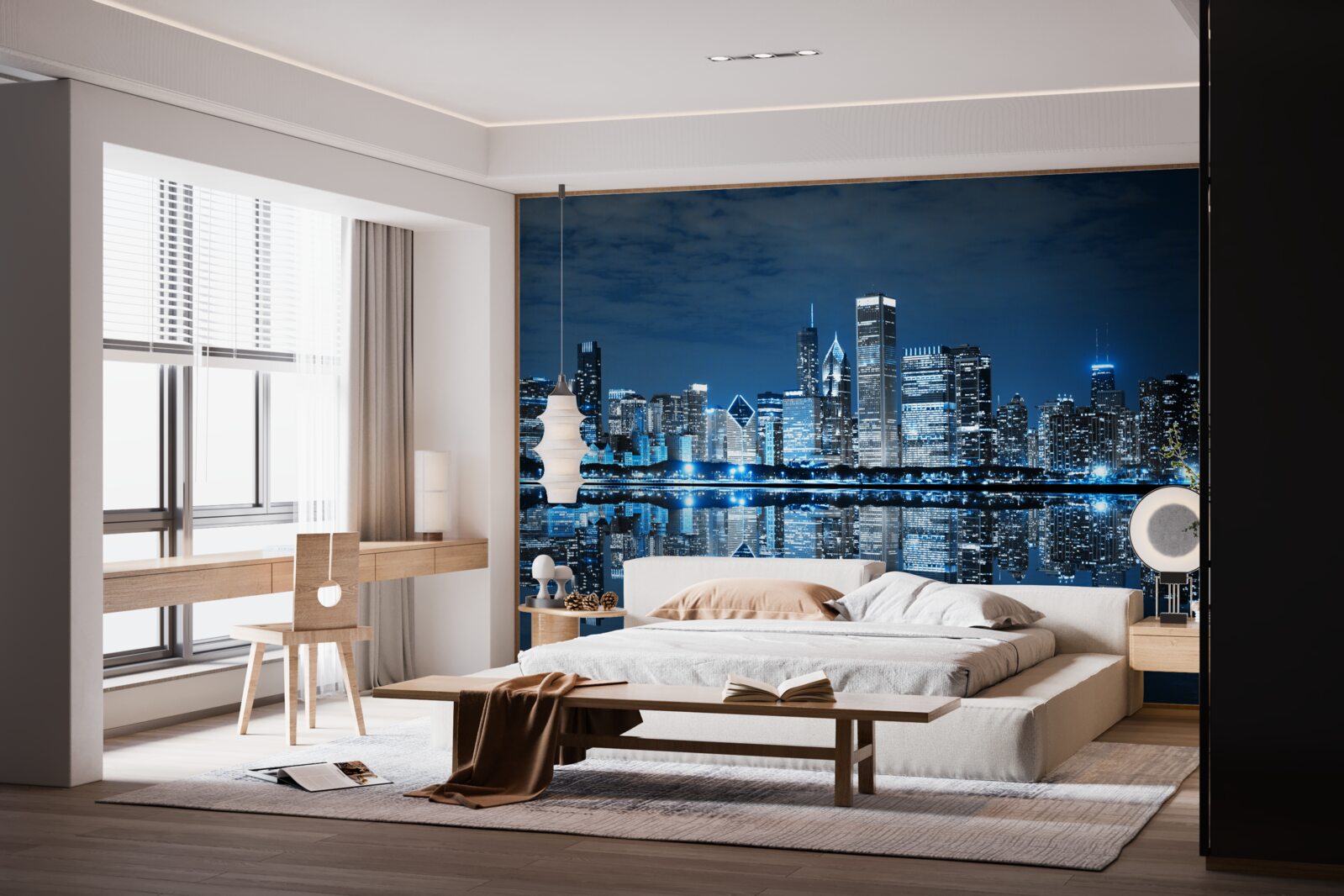 Papier peint reflet des lumières de la ville sur la surface de l'eau la nuit