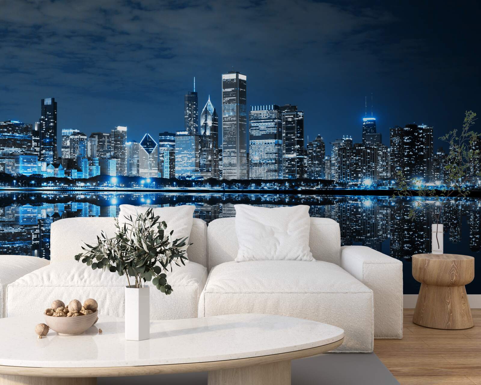 Papier peint reflet des lumières de la ville sur la surface de l'eau la nuit