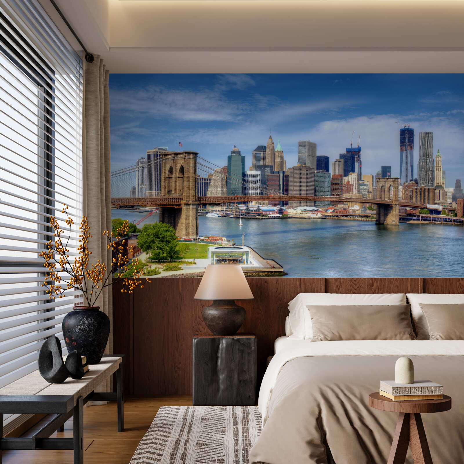 Papier peint Le pont de Brooklyn, construit en pierre, et les gratte-ciel de la ville