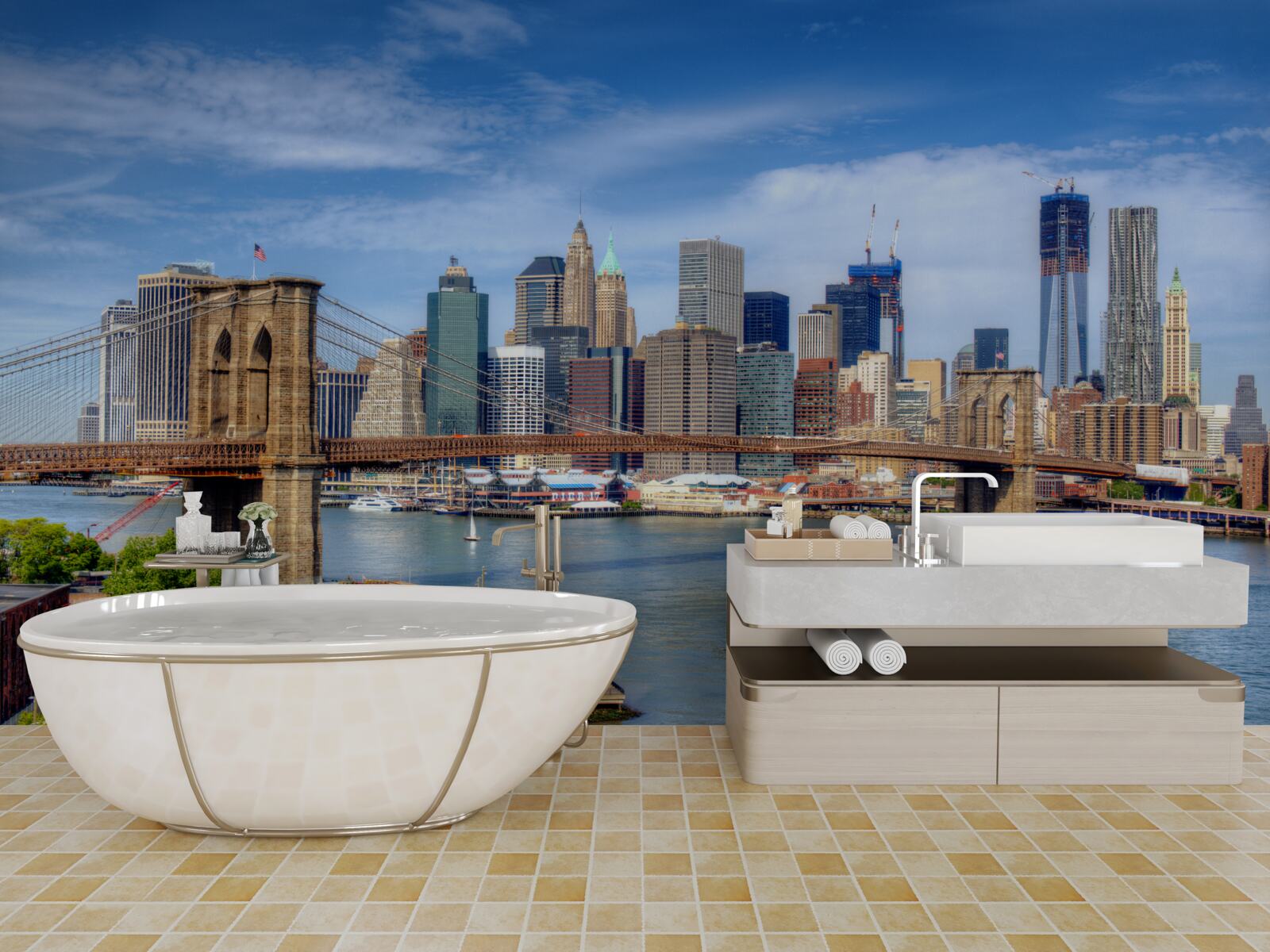 Papier peint Le pont de Brooklyn, construit en pierre, et les gratte-ciel de la ville