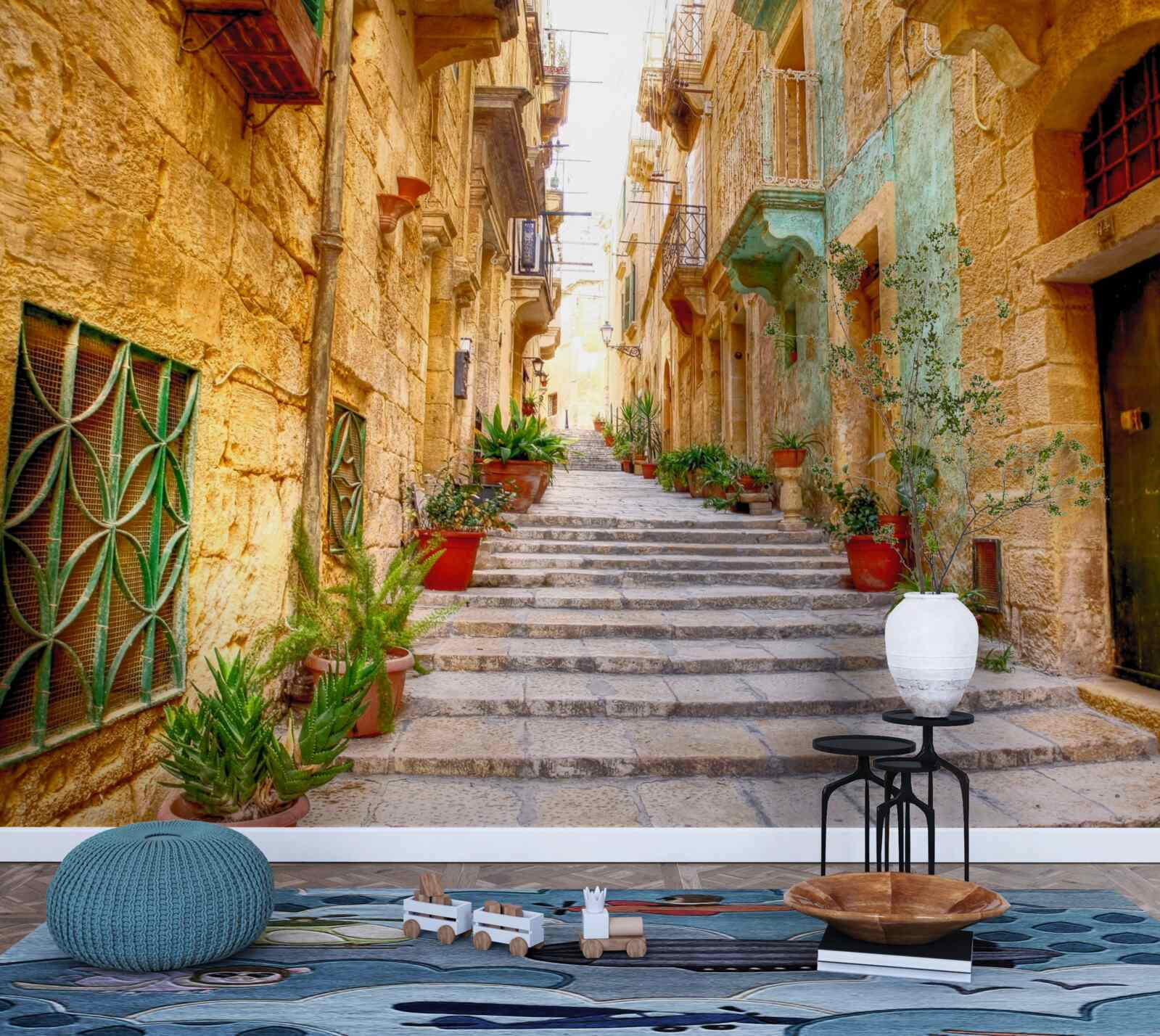 Papier peint la rue italienne décorée de fleurs est étroite