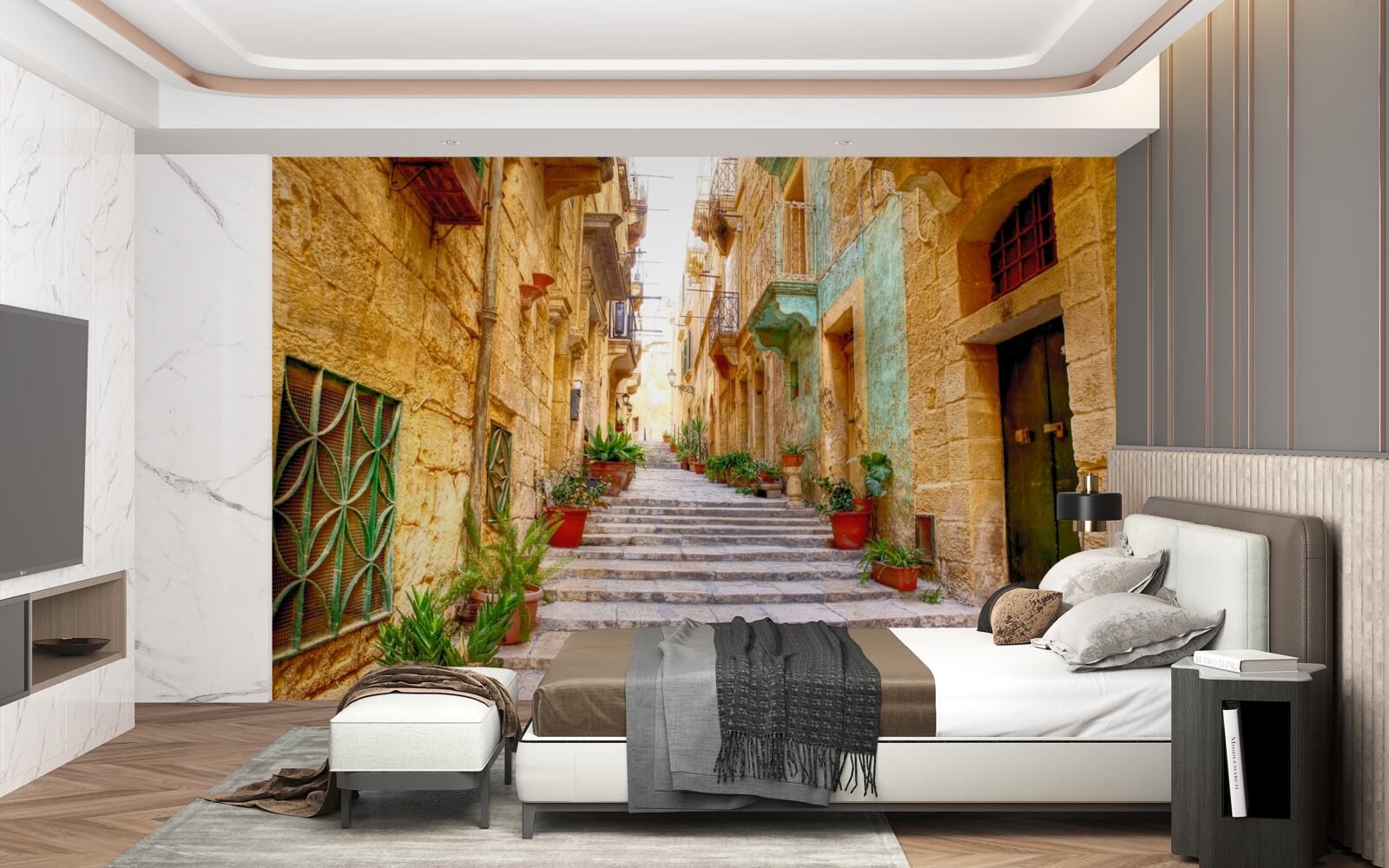 Papier peint la rue italienne décorée de fleurs est étroite