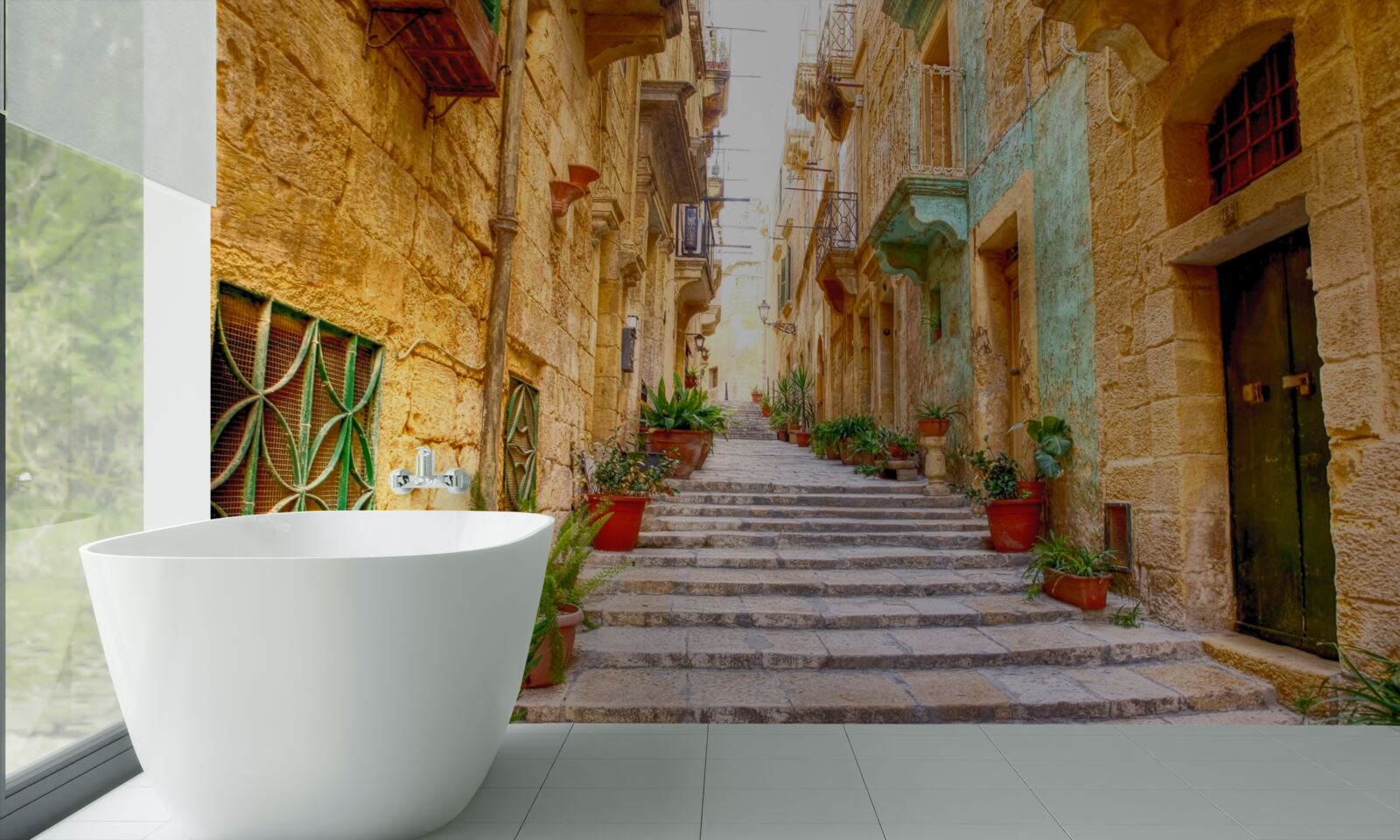 Papier peint la rue italienne décorée de fleurs est étroite