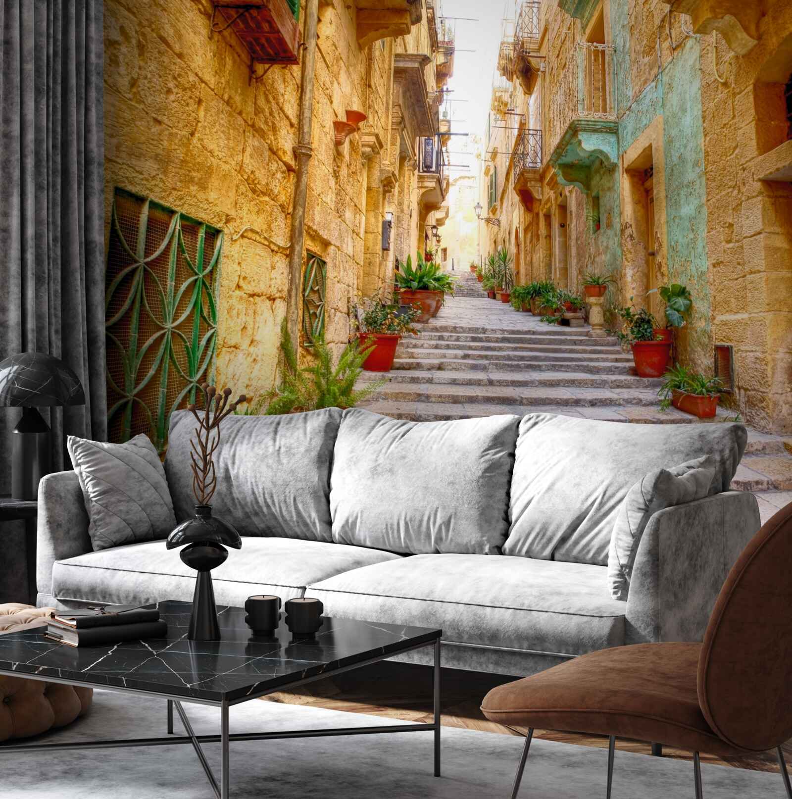 Papier peint la rue italienne décorée de fleurs est étroite