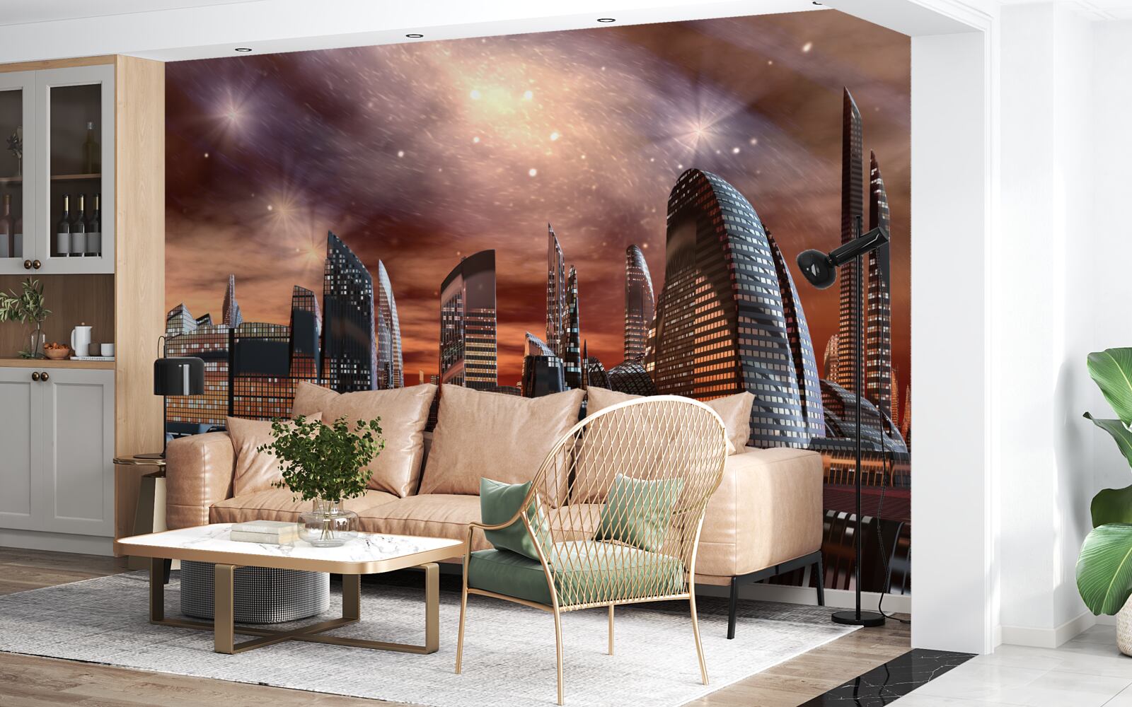 Papier peint une ville sous un ciel étoilé