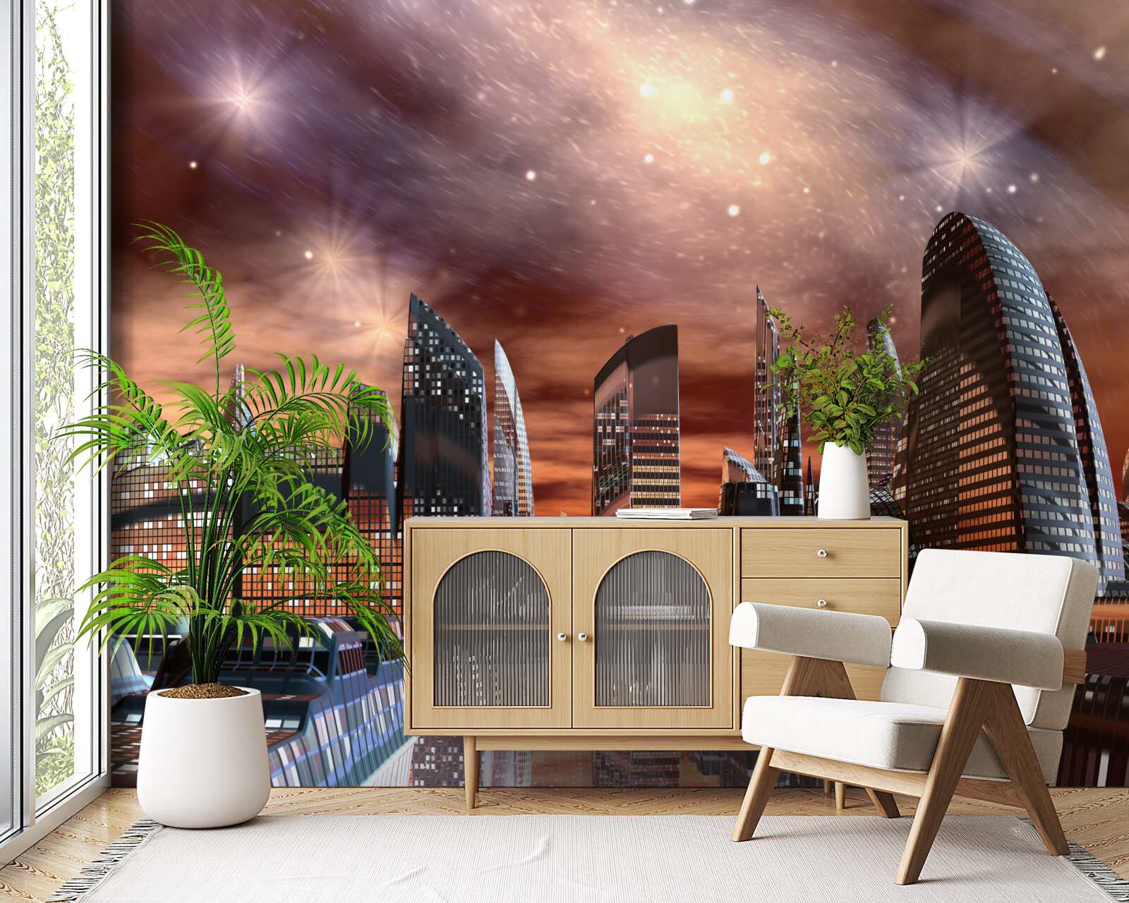 Papier peint une ville sous un ciel étoilé