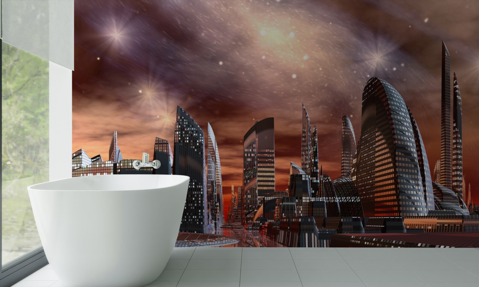 Papier peint une ville sous un ciel étoilé