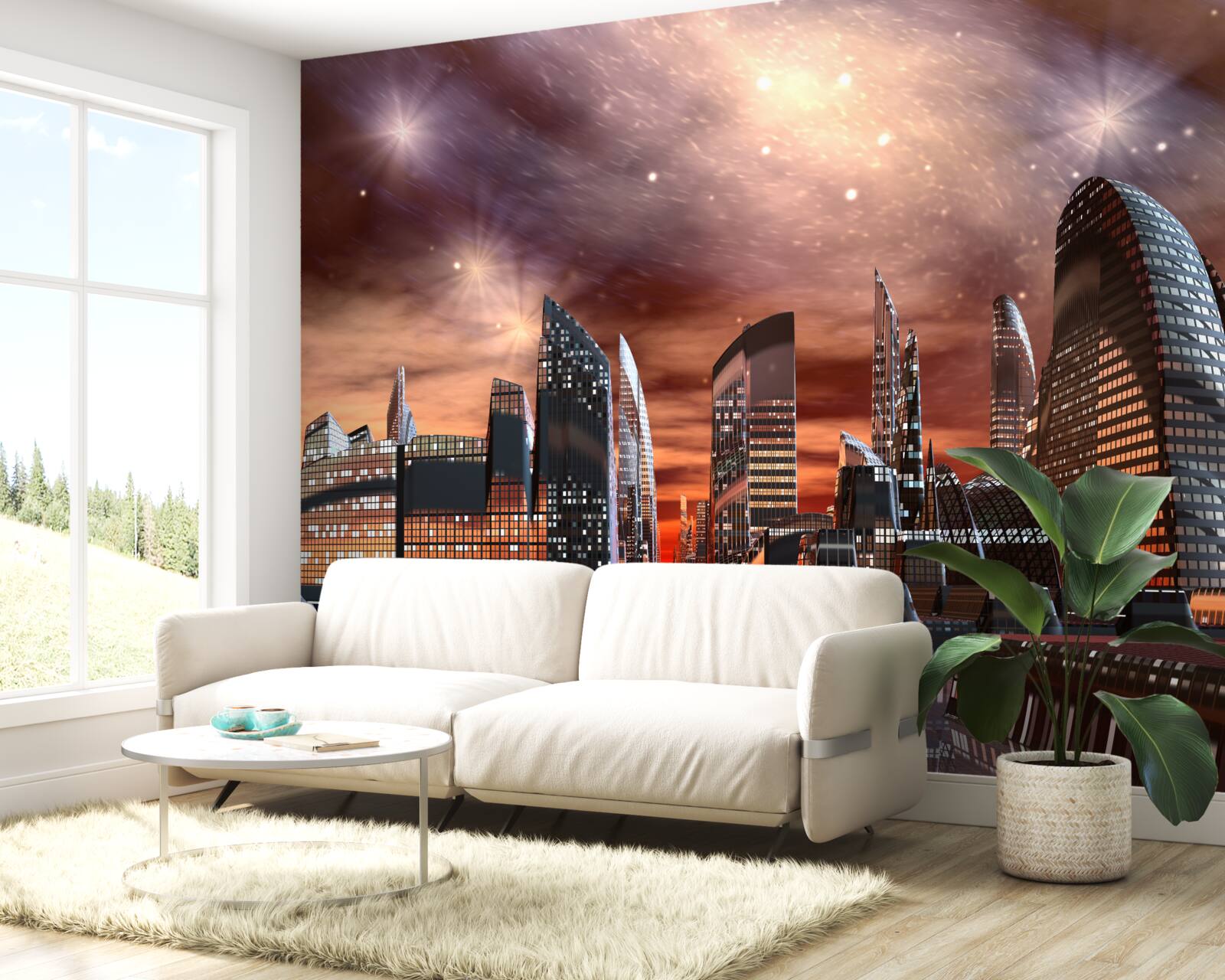 Papier peint une ville sous un ciel étoilé