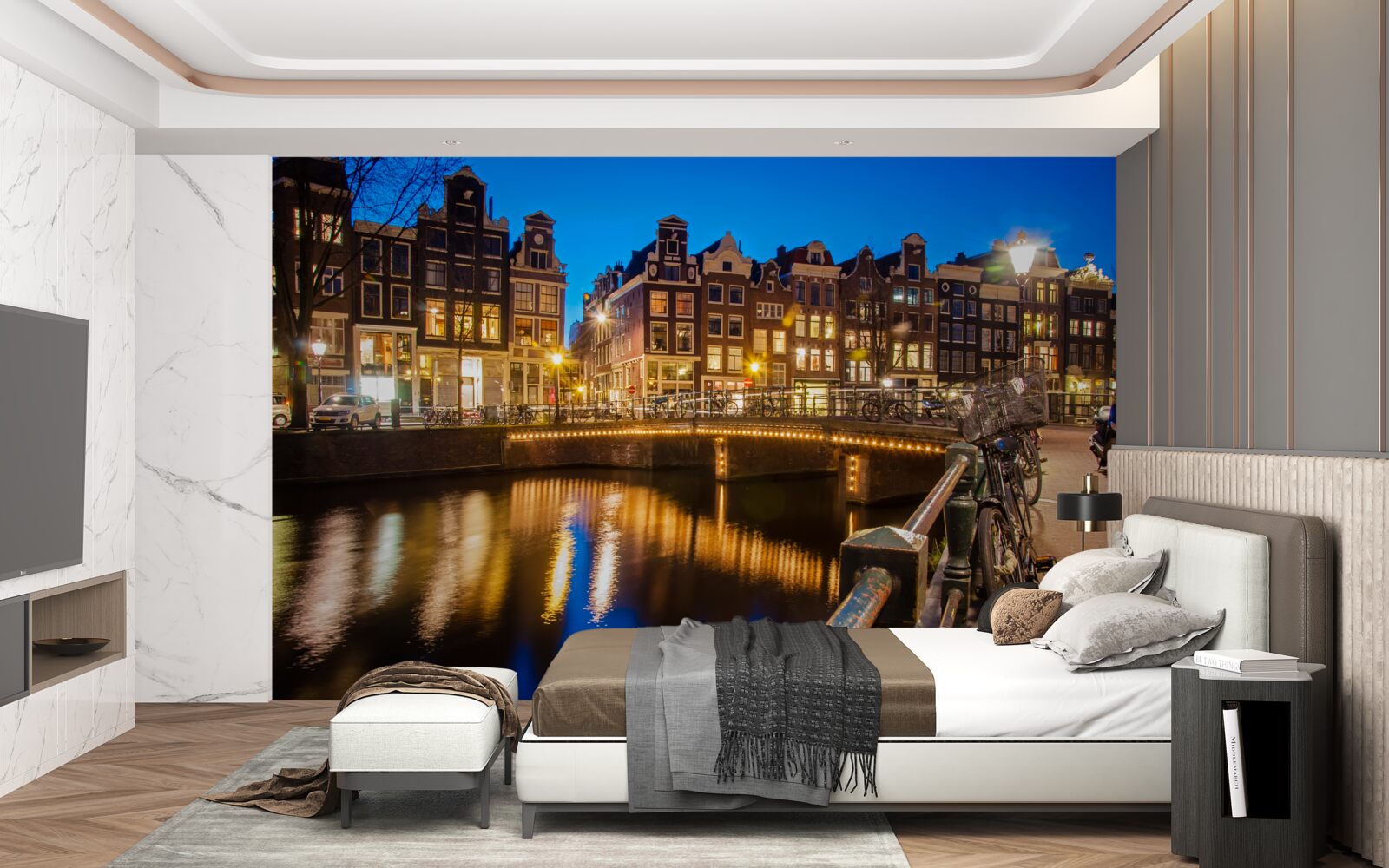 Papier peint reflet d'amsterdam dans l'eau la nuit