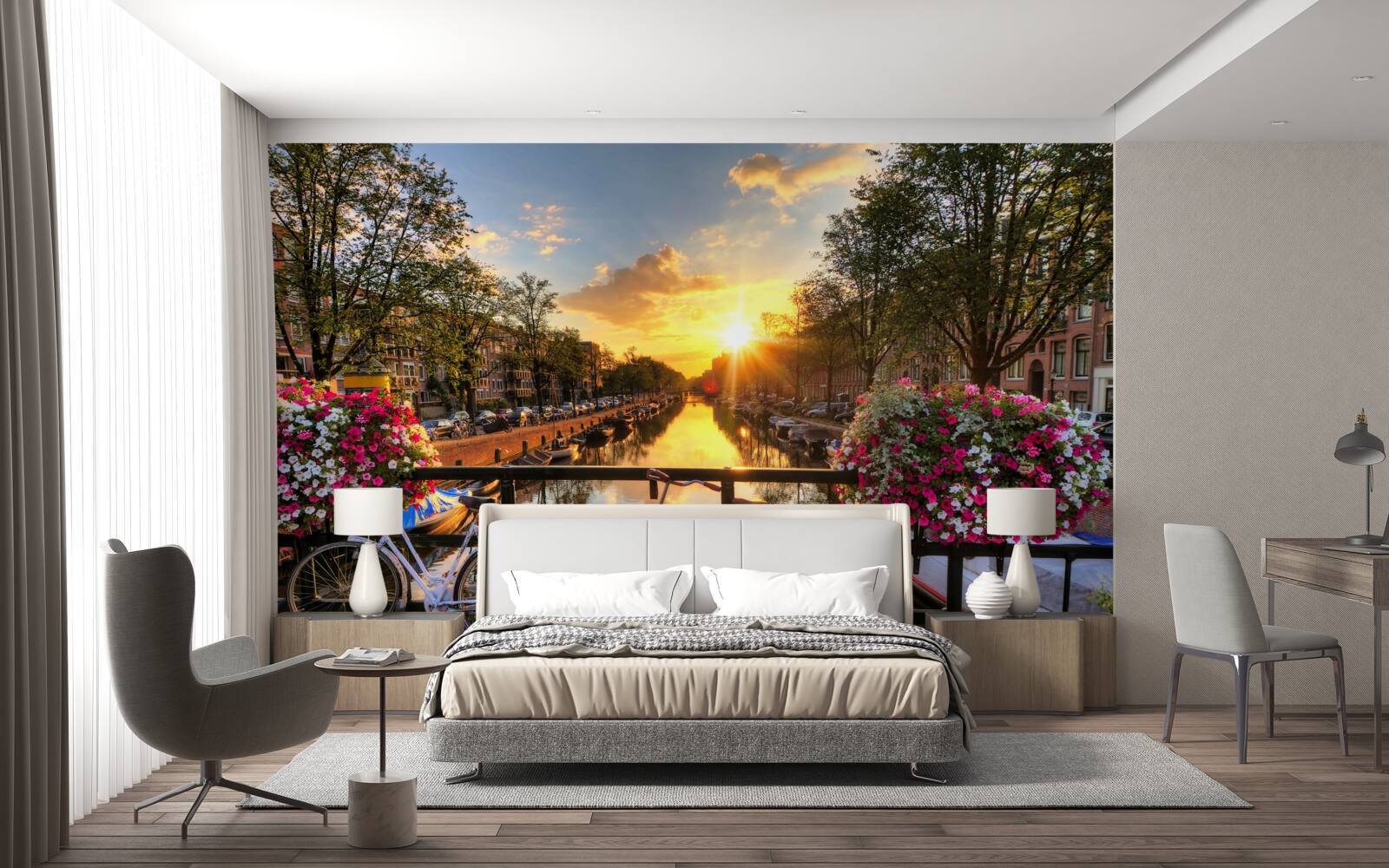 Papier peint coucher de soleil à amsterdam avec des vélos en arrière-plan