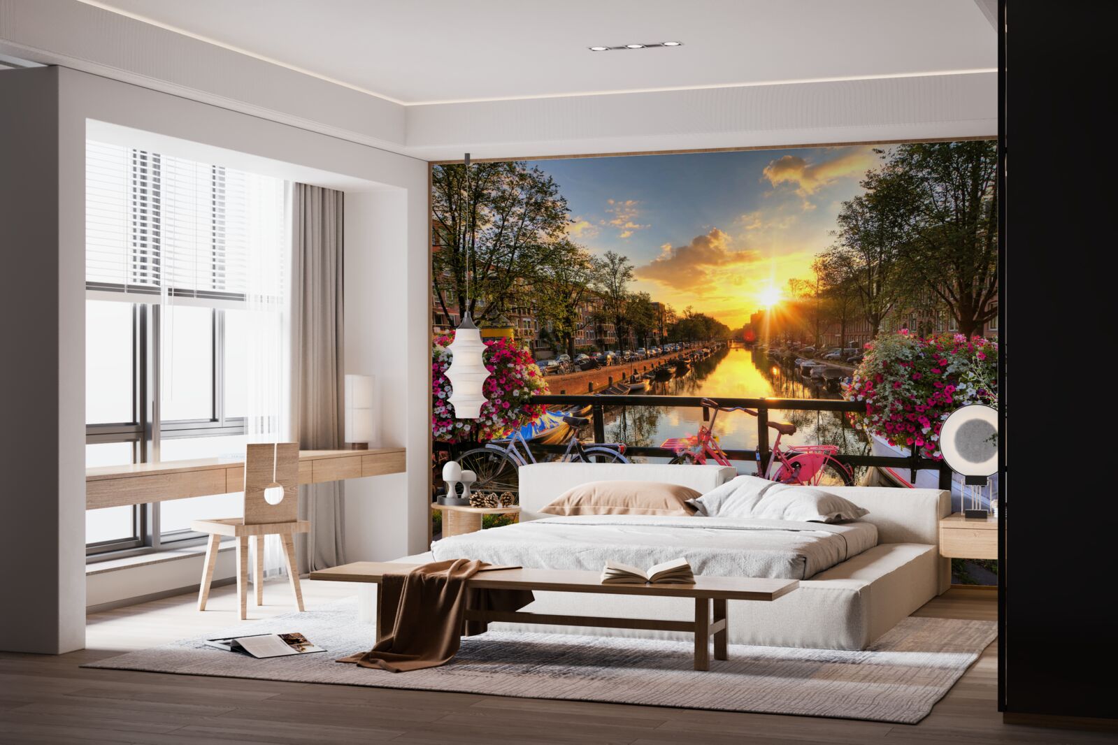 Papier peint coucher de soleil à amsterdam avec des vélos en arrière-plan