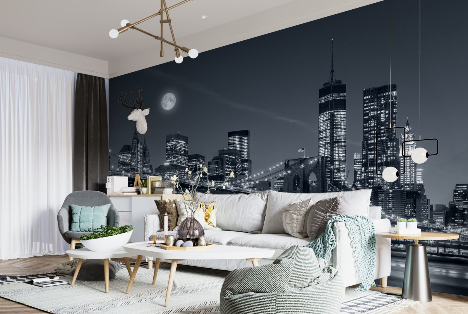 Papier peint noir et blanc new york à la lumière de la pleine lune