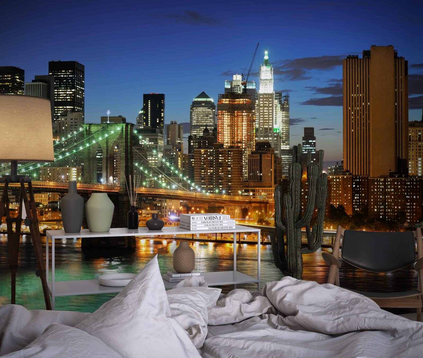 Papier peint panorama de new york la nuit depuis la rive opposée