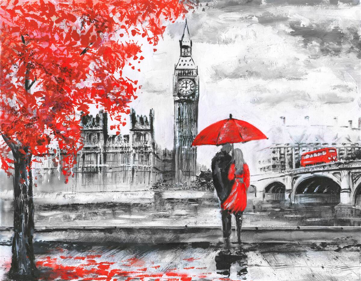 Papier peint deux personnes sous un parapluie écarlate regardent Big Ben