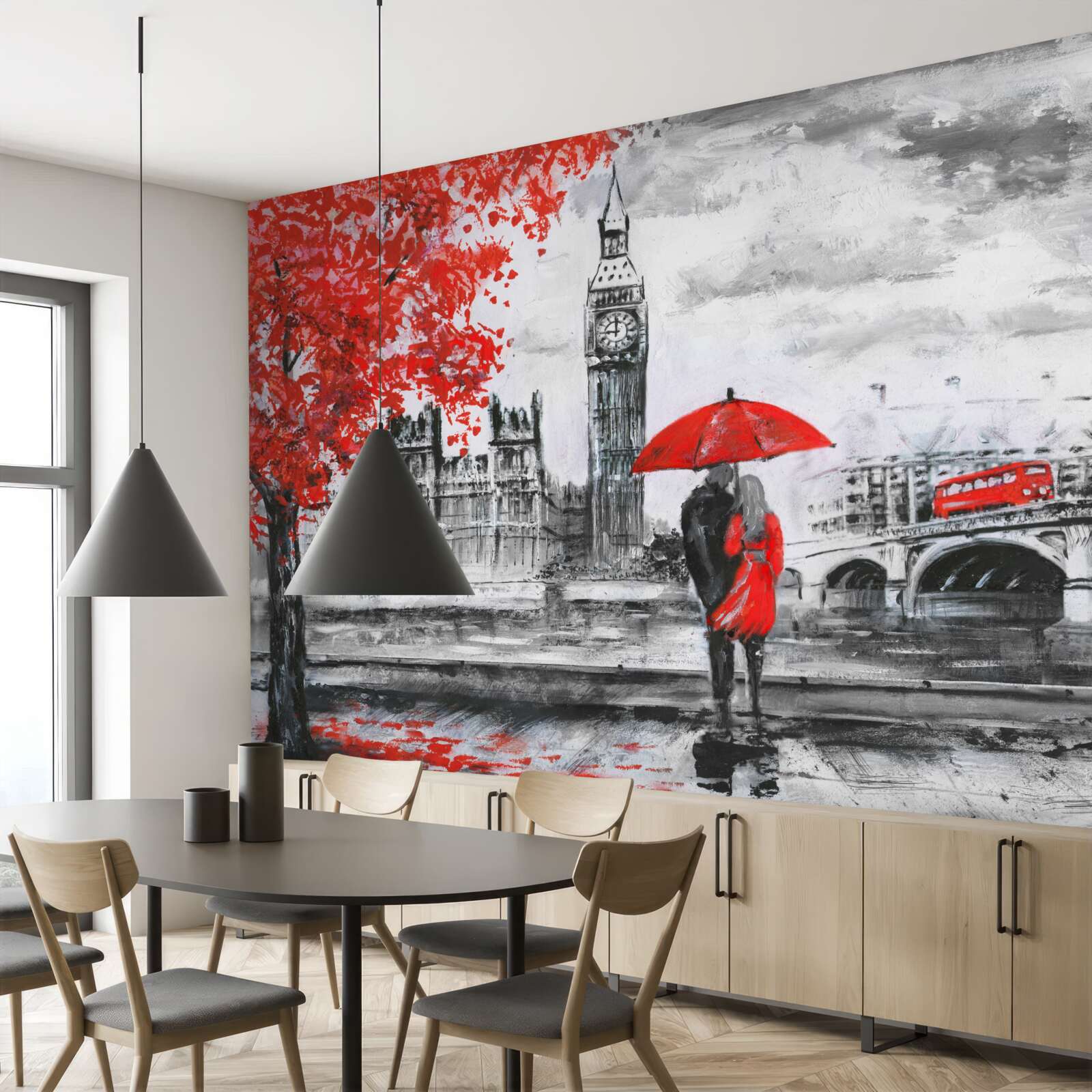 Papier peint deux personnes sous un parapluie écarlate regardent Big Ben