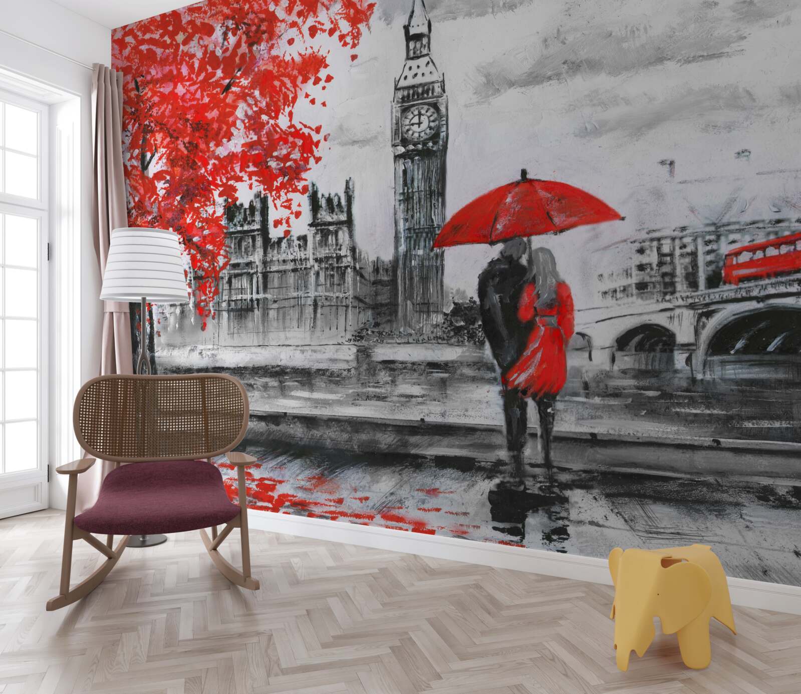 Papier peint deux personnes sous un parapluie écarlate regardent Big Ben