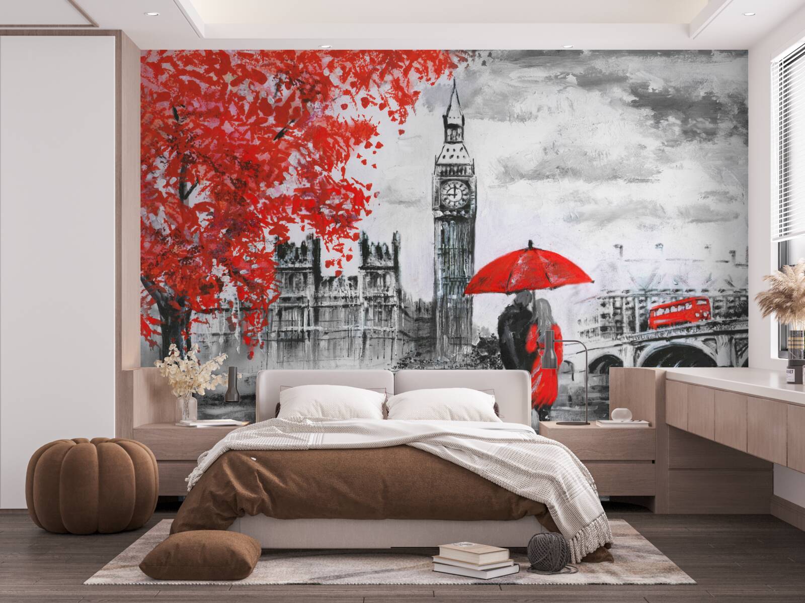 Papier peint deux personnes sous un parapluie écarlate regardent Big Ben