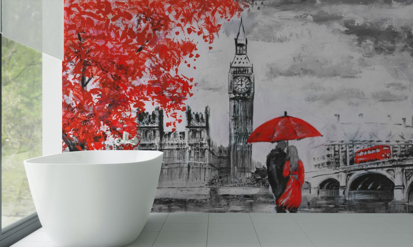 Papier peint deux personnes sous un parapluie écarlate regardent Big Ben