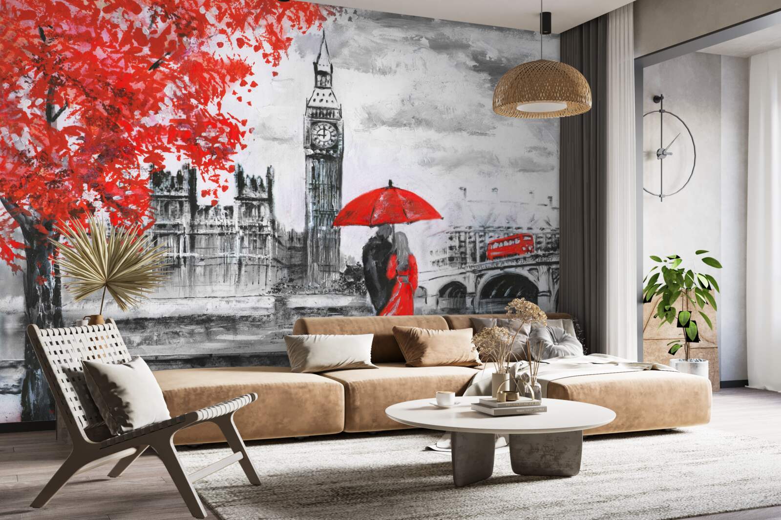 Papier peint deux personnes sous un parapluie écarlate regardent Big Ben