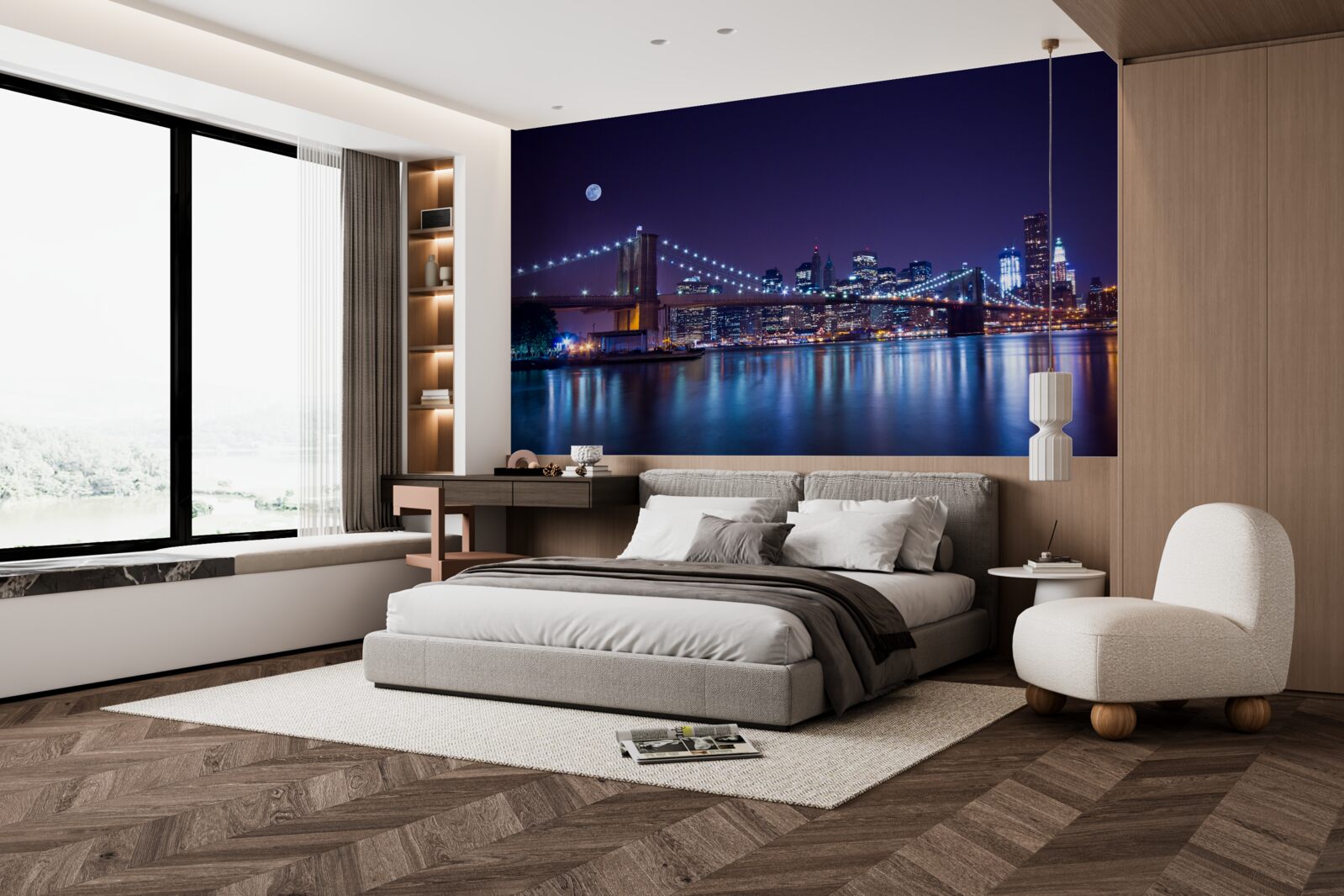 Papier peint les reflets des lumières nocturnes de la ville se reflètent dans l'eau