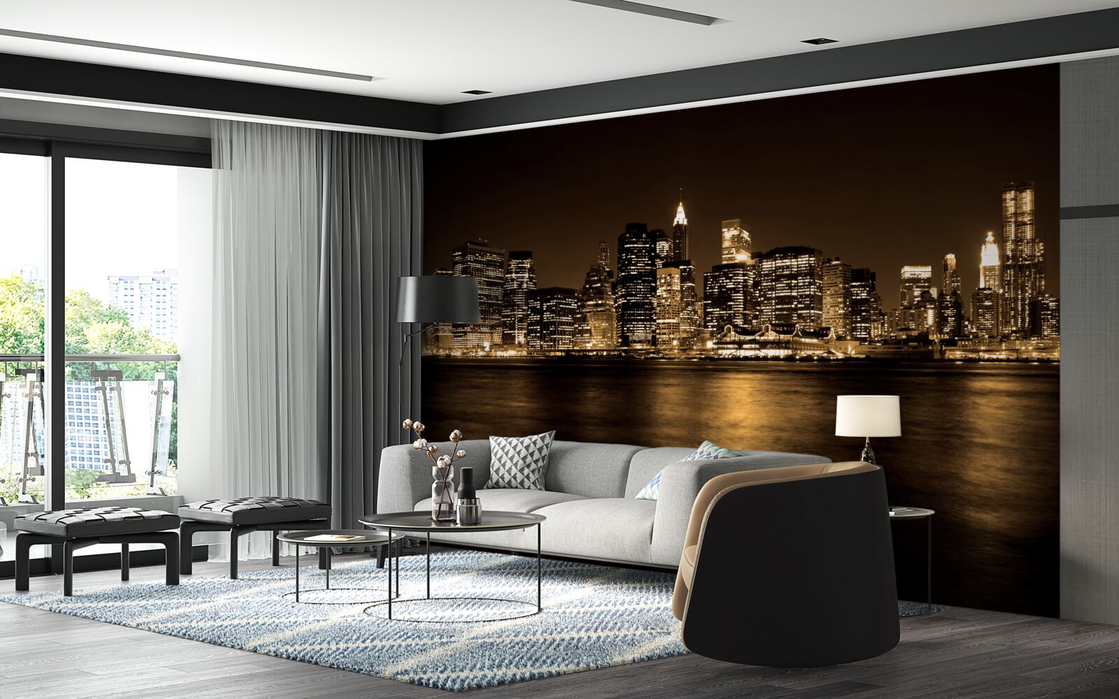 Papier peint une ville modernisée sous un ciel étoilé