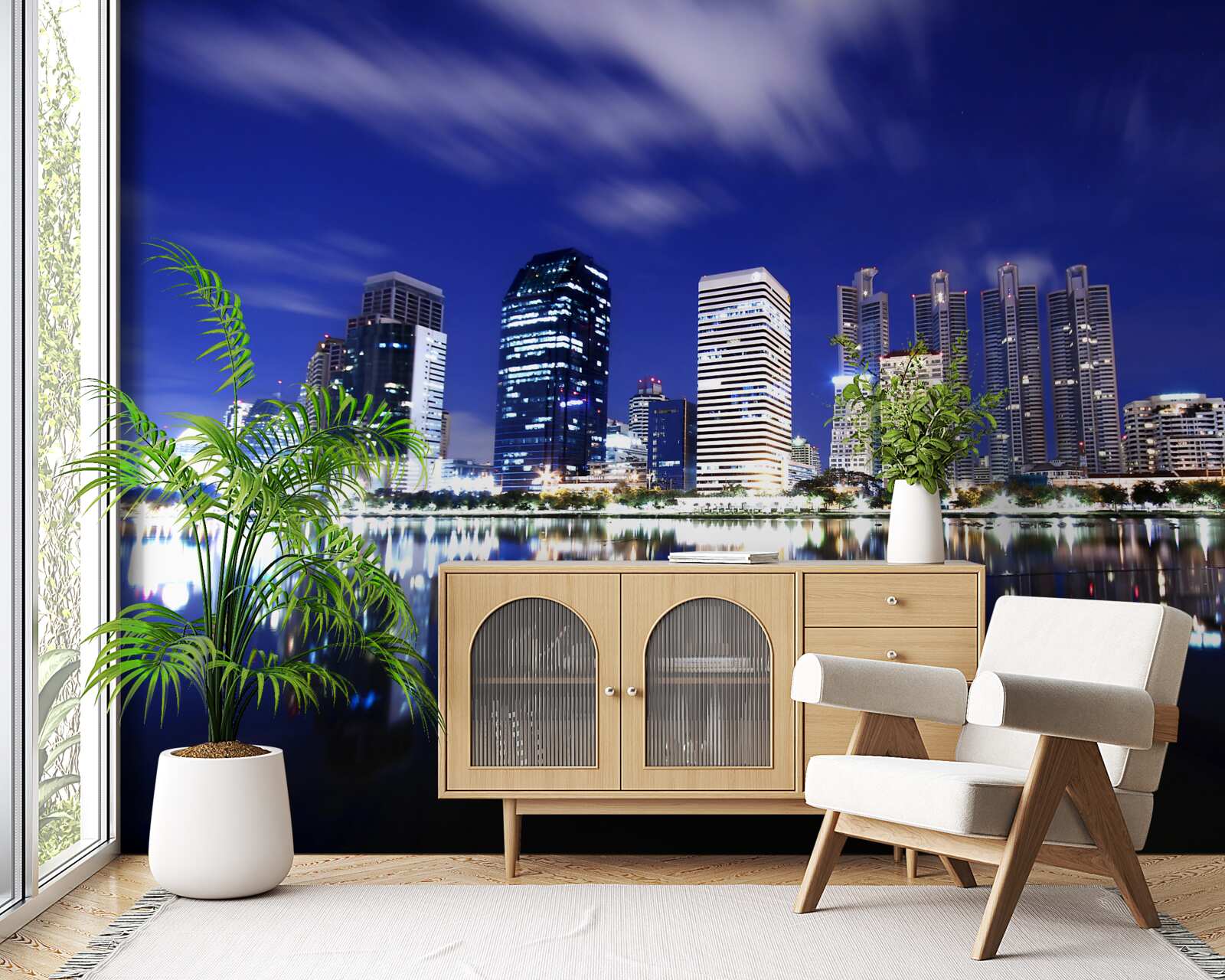 Papier peint reflet des gratte-ciel dans l'eau la nuit