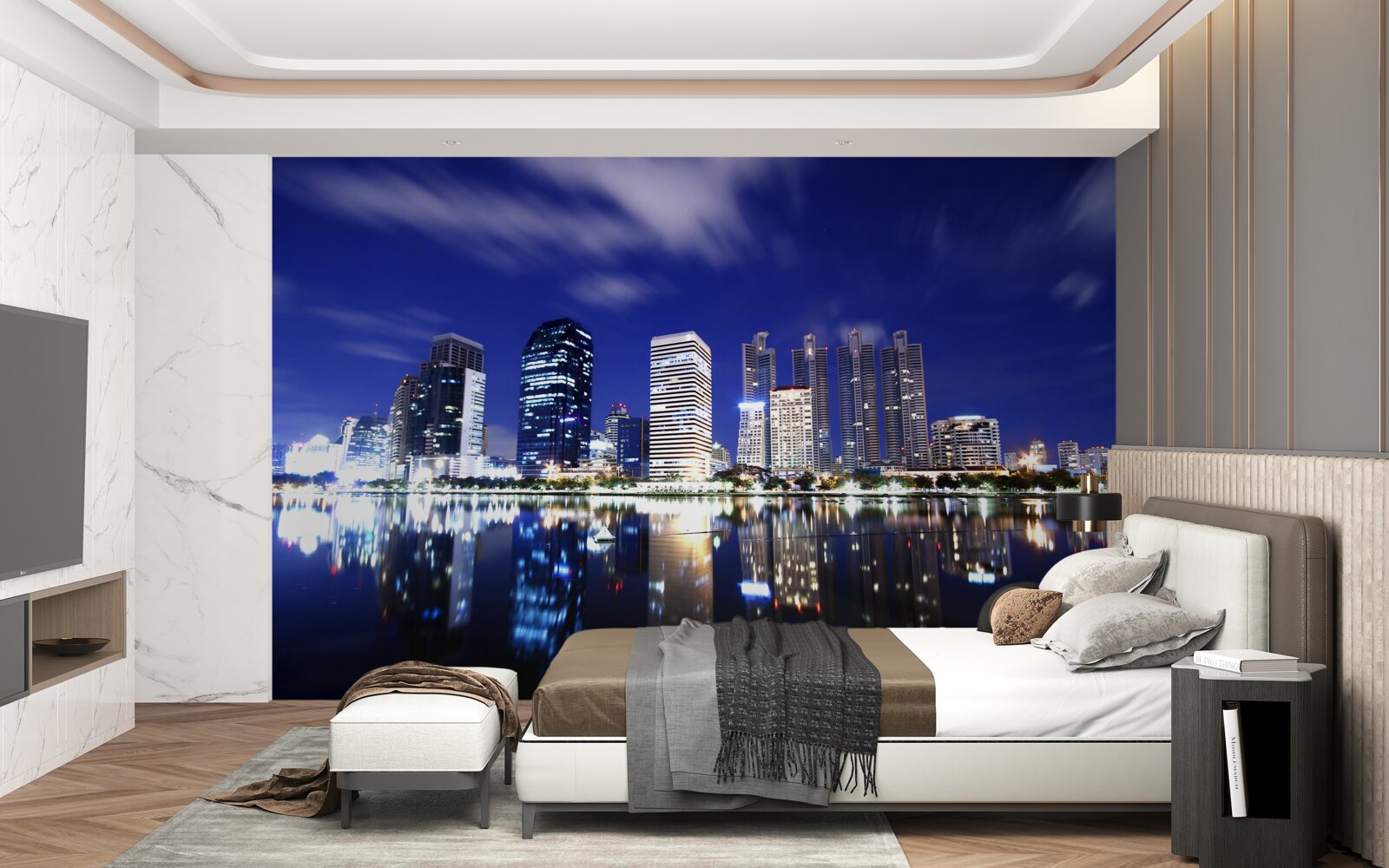 Papier peint reflet des gratte-ciel dans l'eau la nuit