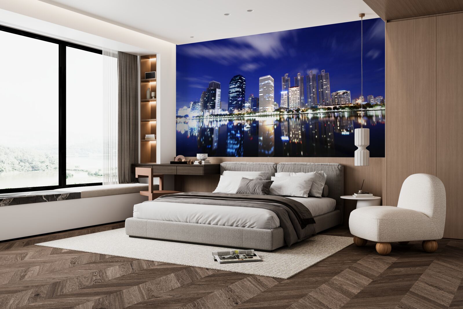 Papier peint reflet des gratte-ciel dans l'eau la nuit