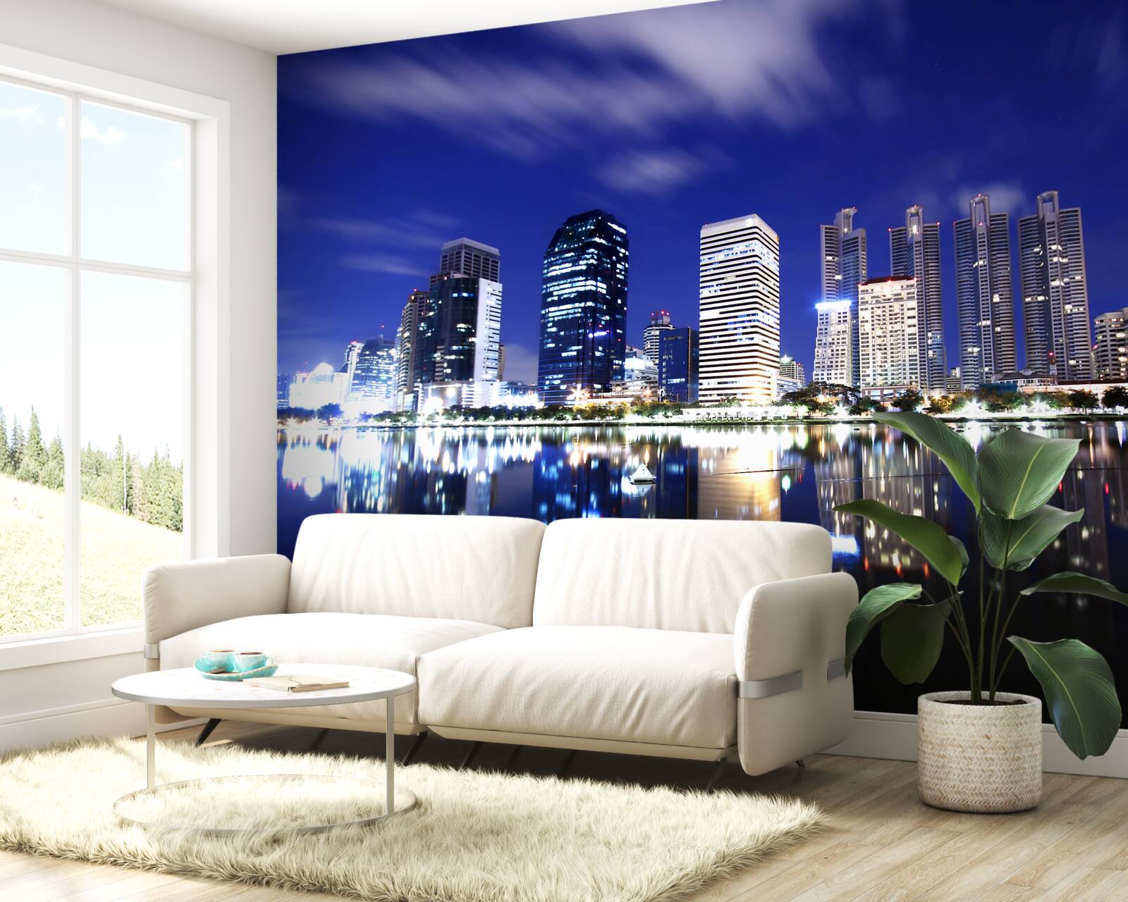 Papier peint reflet des gratte-ciel dans l'eau la nuit