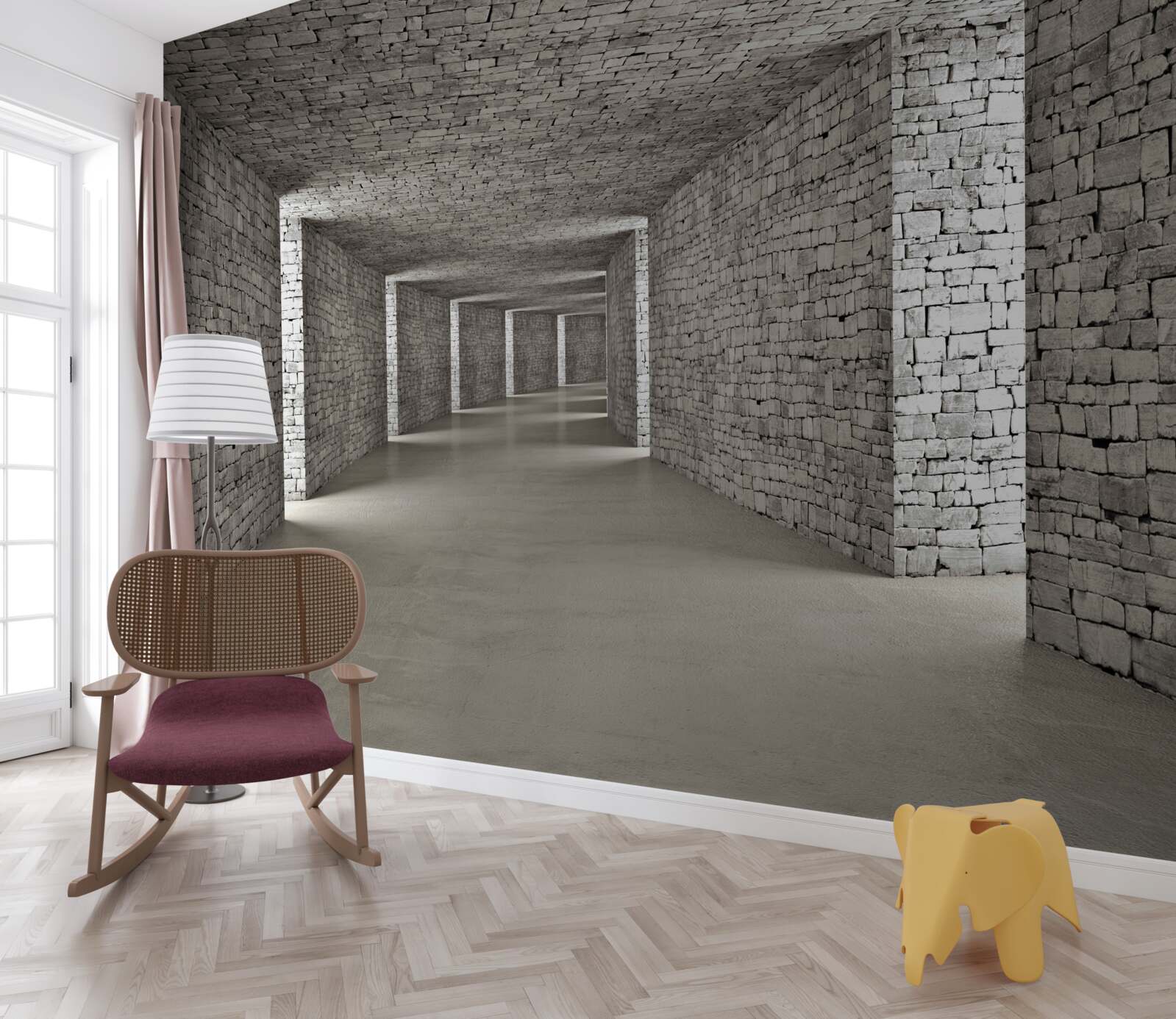 Papier peint vue en perspective d'un couloir en briques