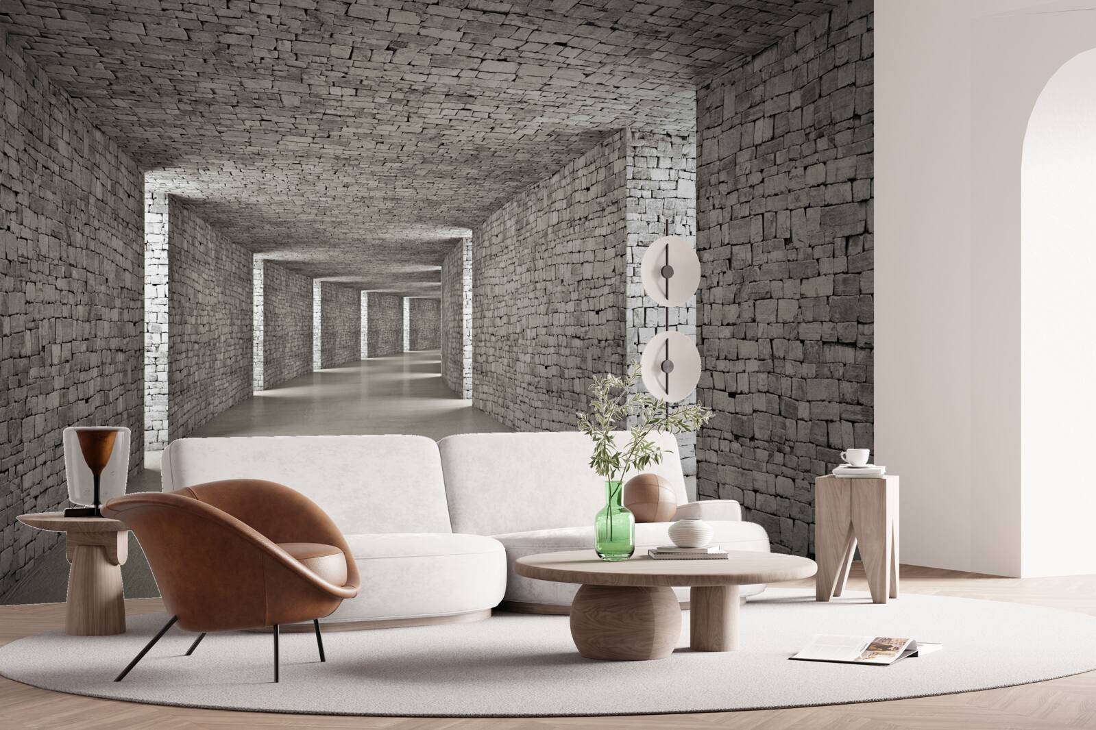 Papier peint vue en perspective d'un couloir en briques