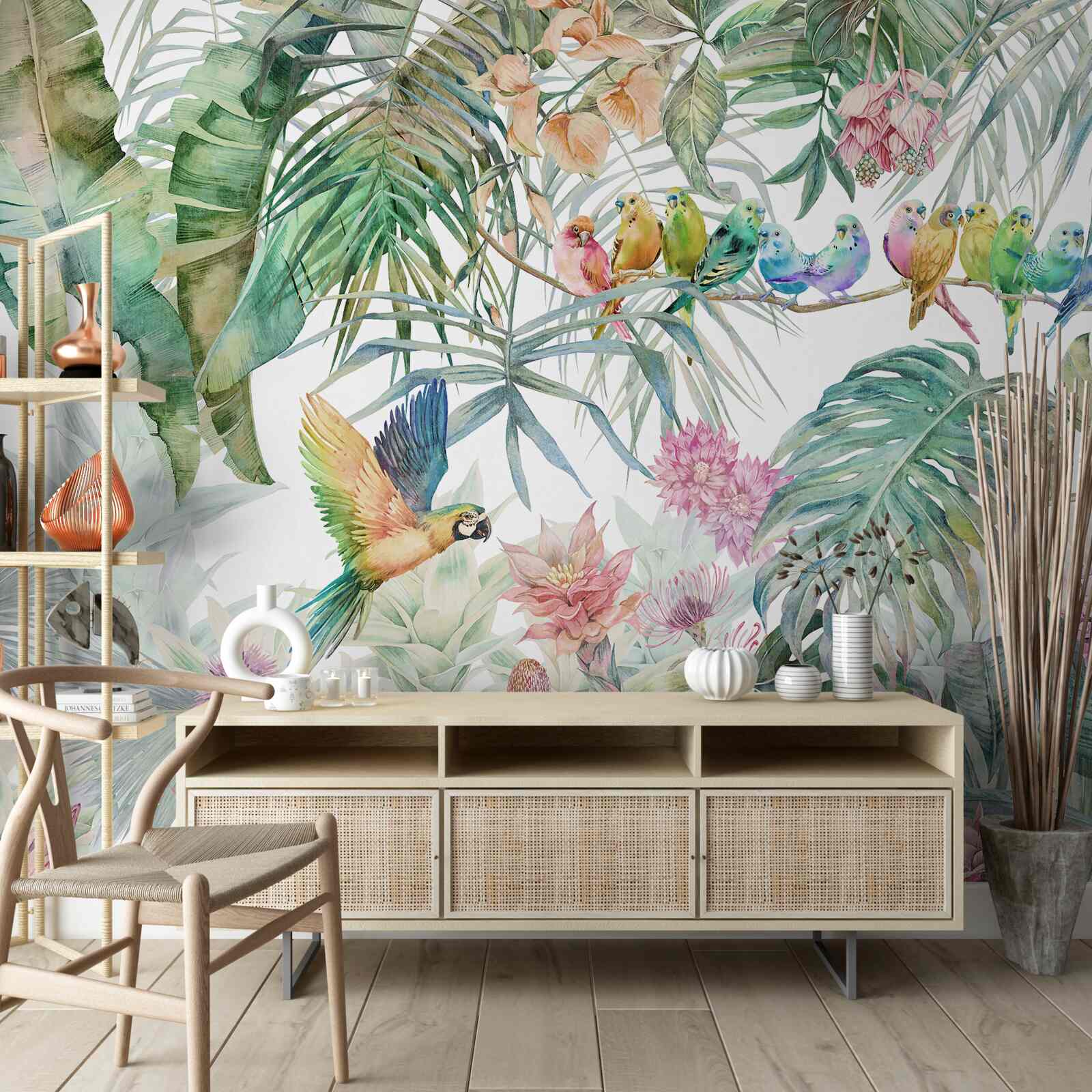 Papier peint une famille de perroquets dans la forêt tropicale