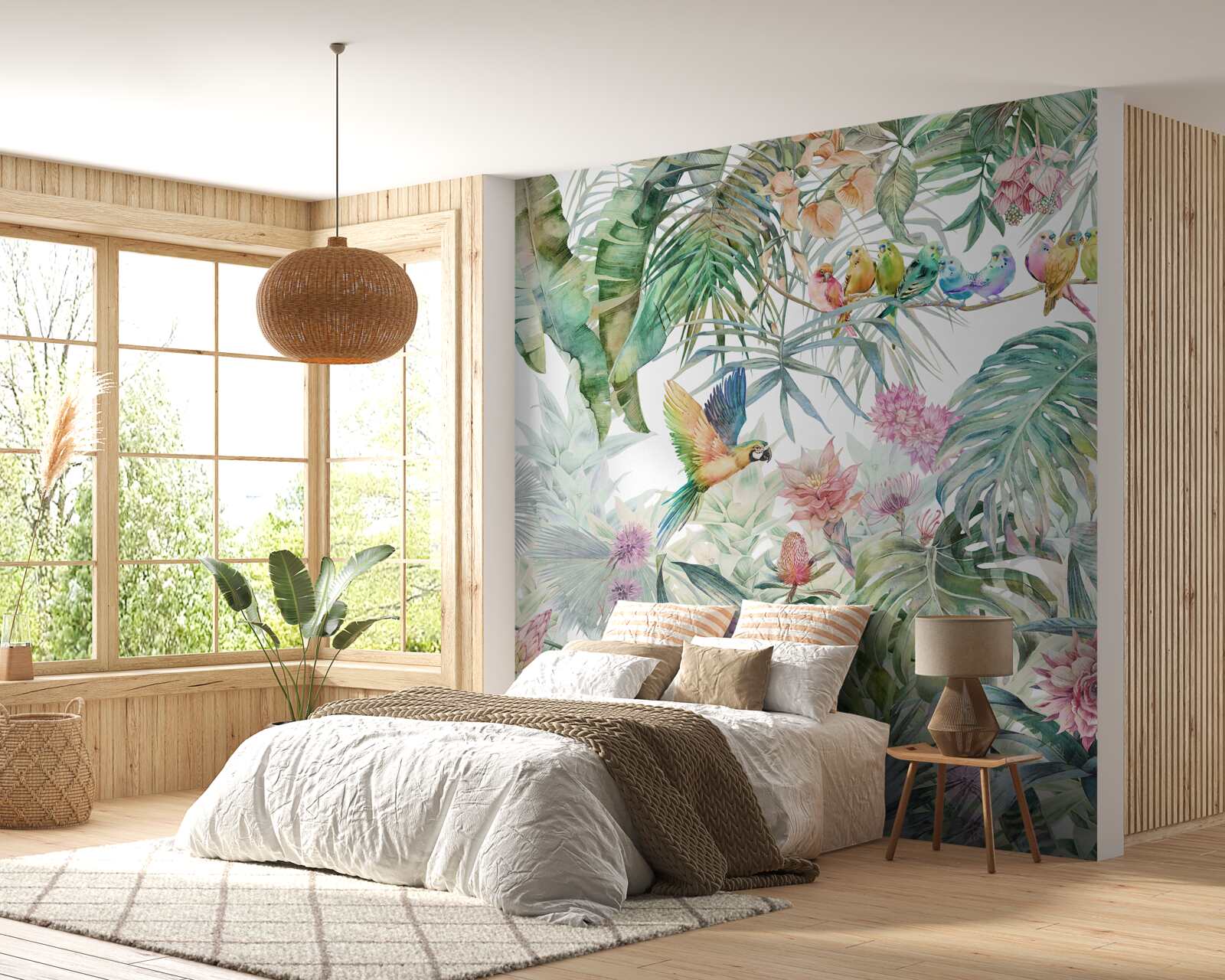 Papier peint une famille de perroquets dans la forêt tropicale