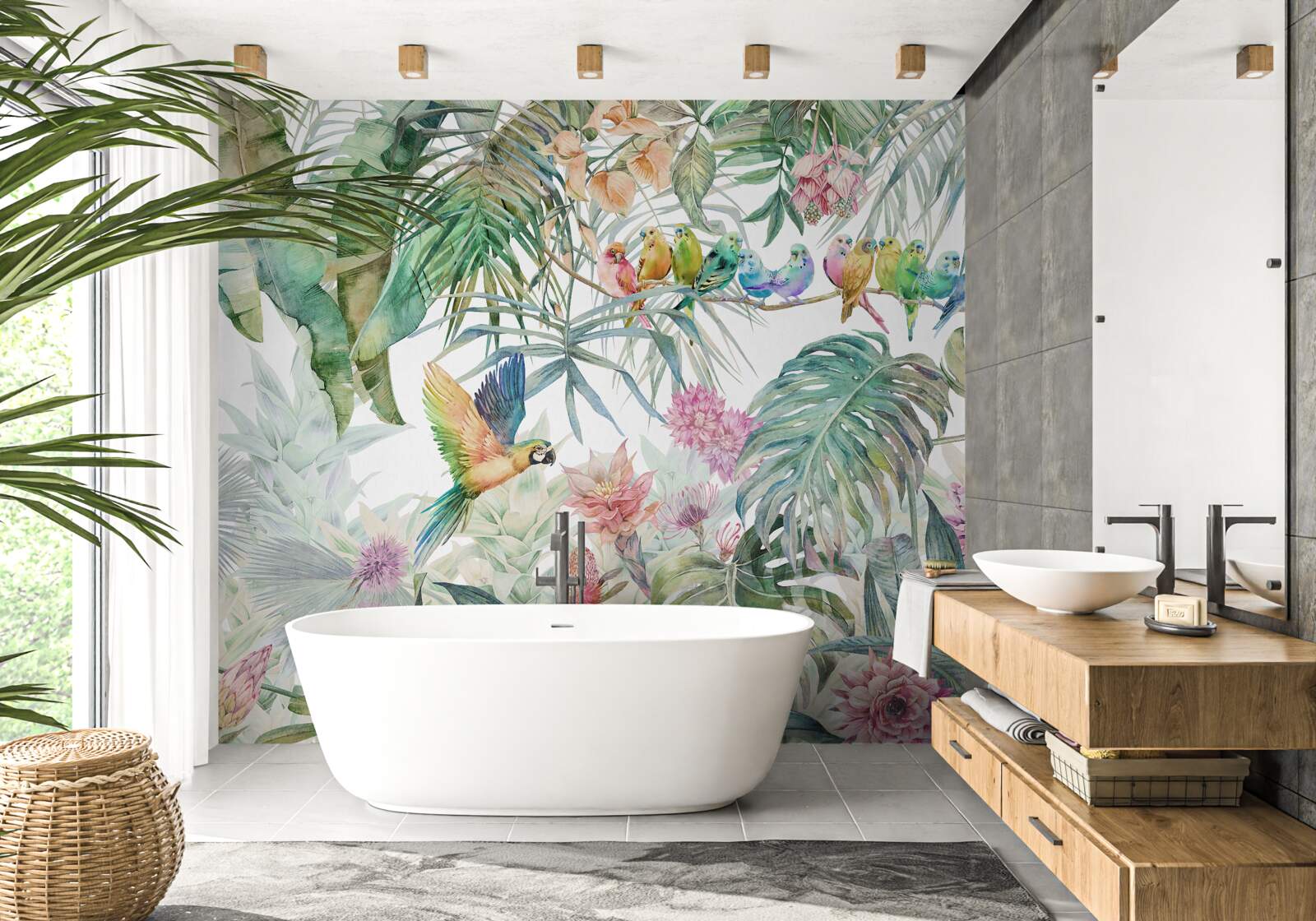 Papier peint une famille de perroquets dans la forêt tropicale