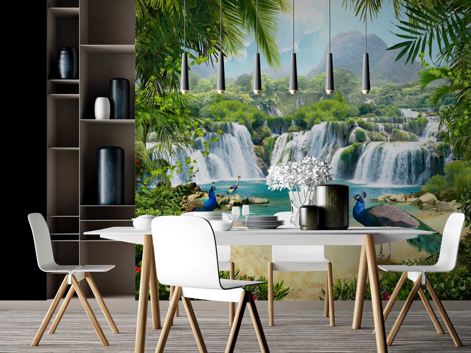 Papier peint chute d'eau dans les tropiques magiques, où vivent des paons