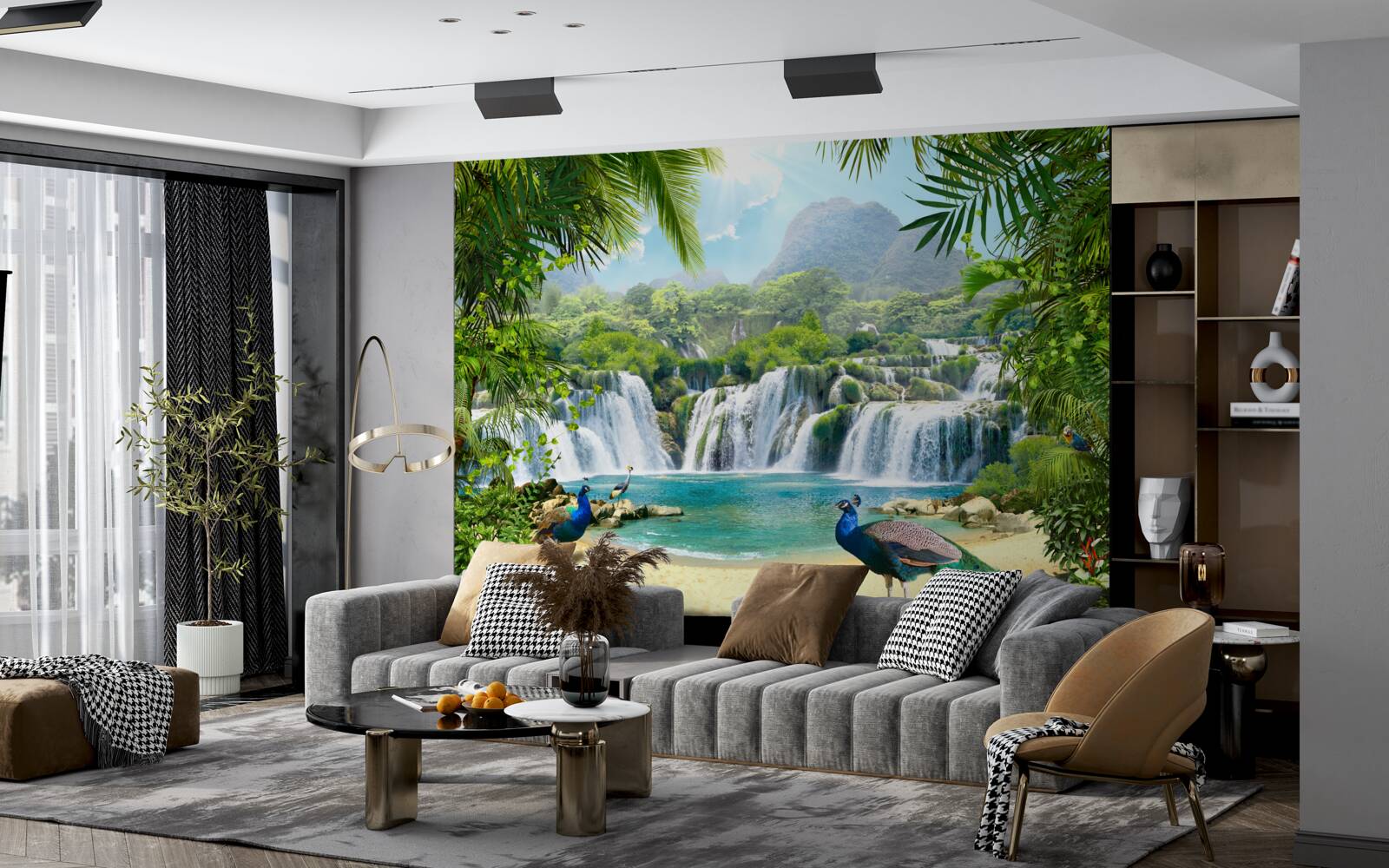 Papier peint chute d'eau dans les tropiques magiques, où vivent des paons