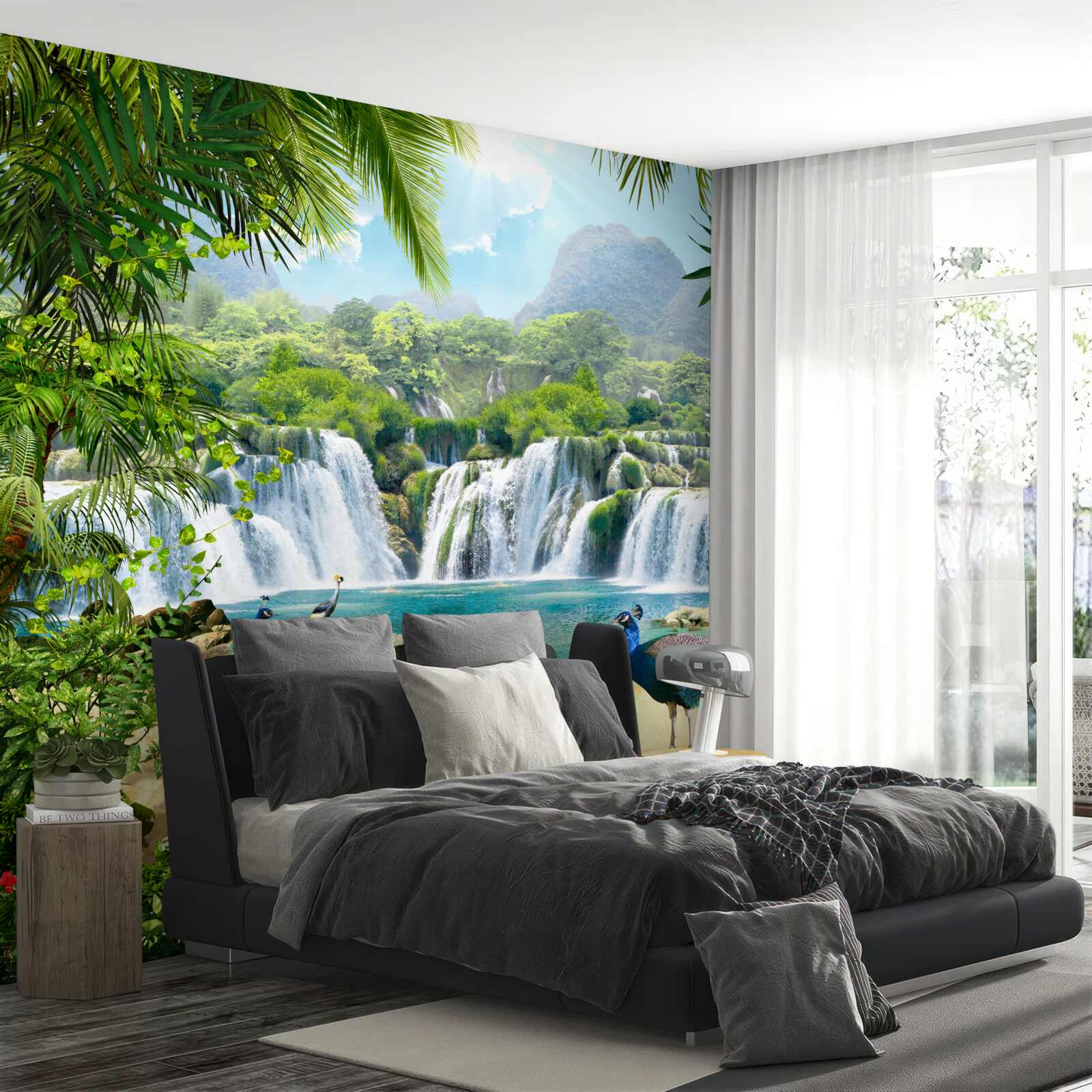 Papier peint chute d'eau dans les tropiques magiques, où vivent des paons
