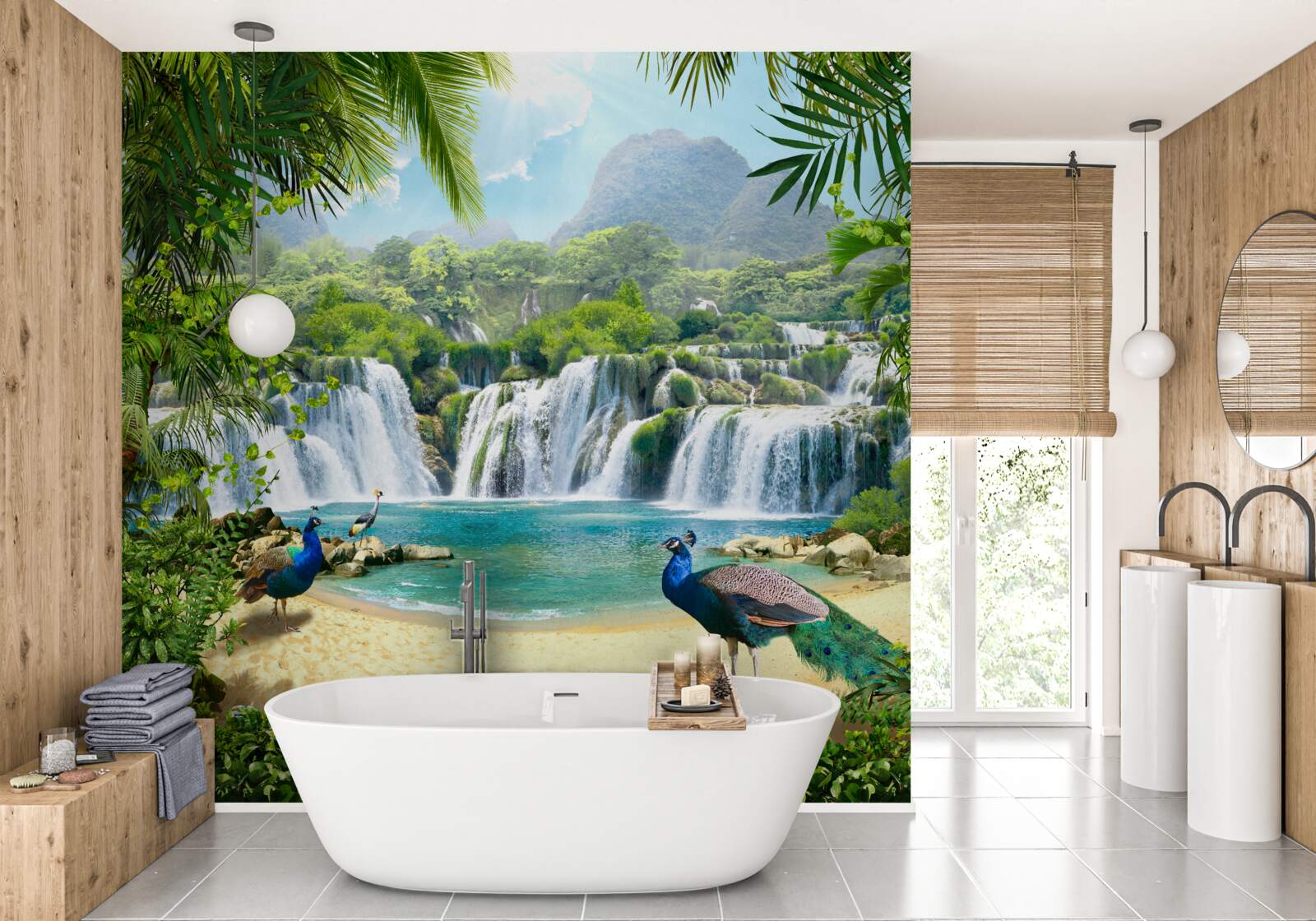 Papier peint chute d'eau dans les tropiques magiques, où vivent des paons