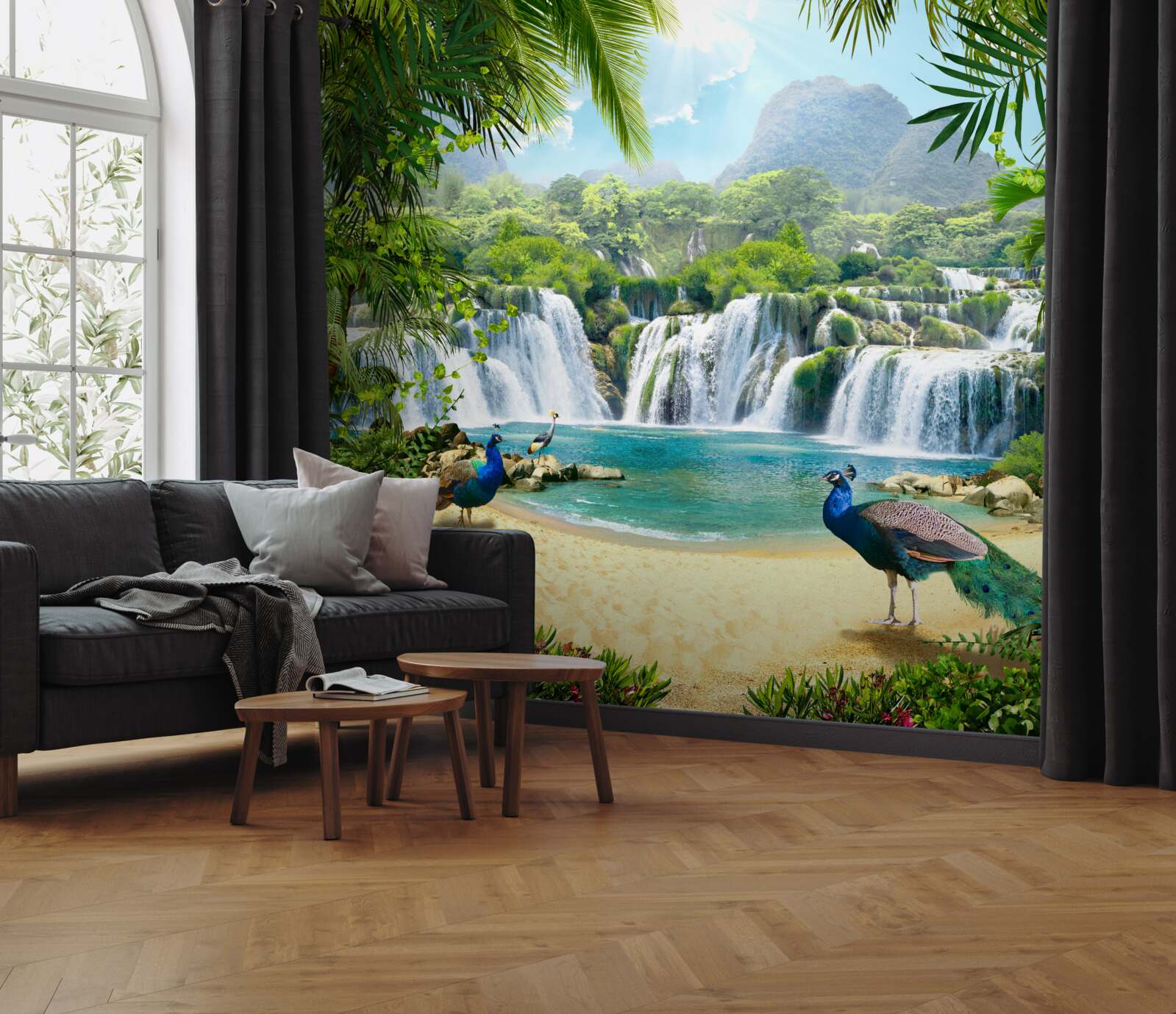 Papier peint chute d'eau dans les tropiques magiques, où vivent des paons