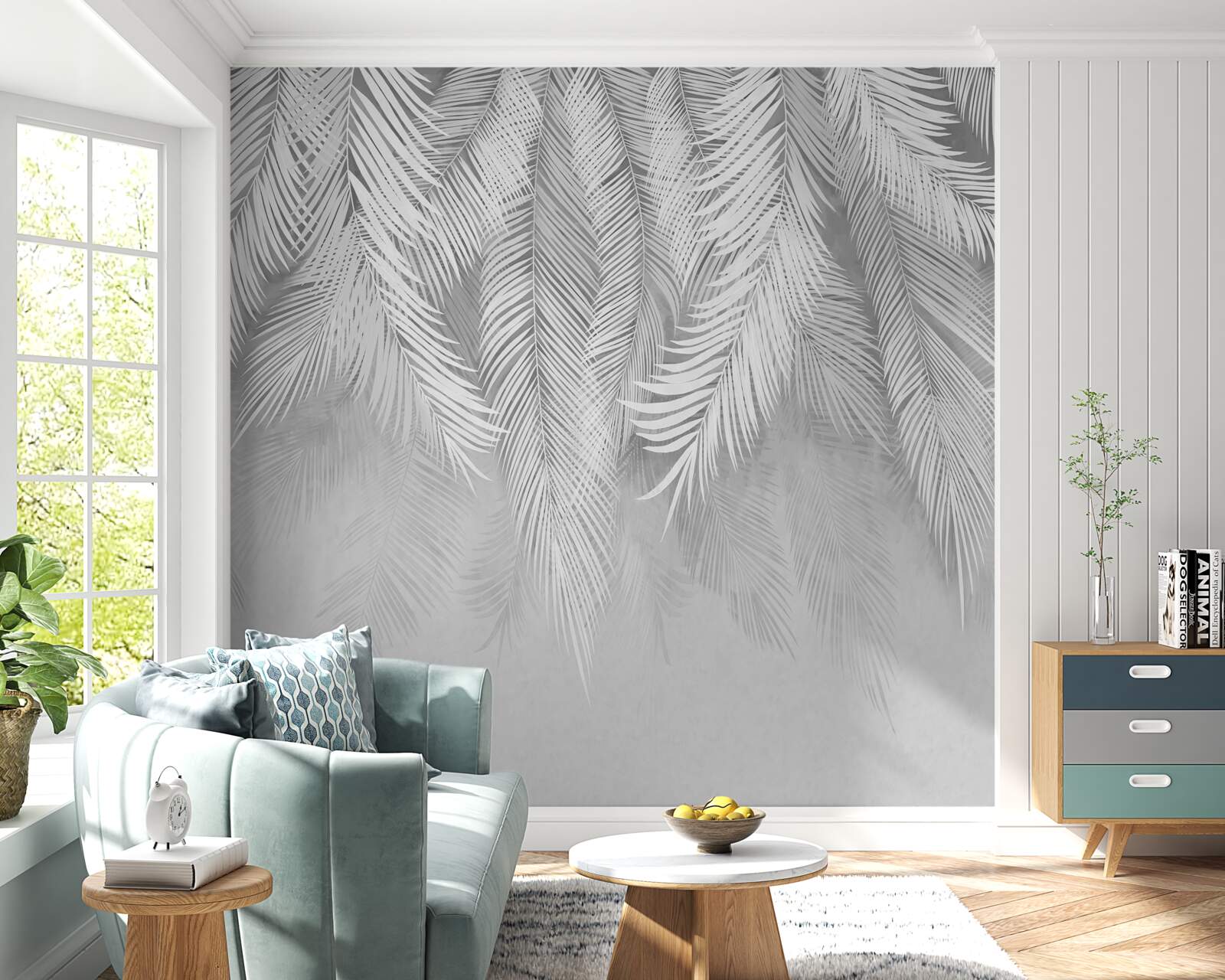 Papier peint des feuilles de palmier blanches pendent