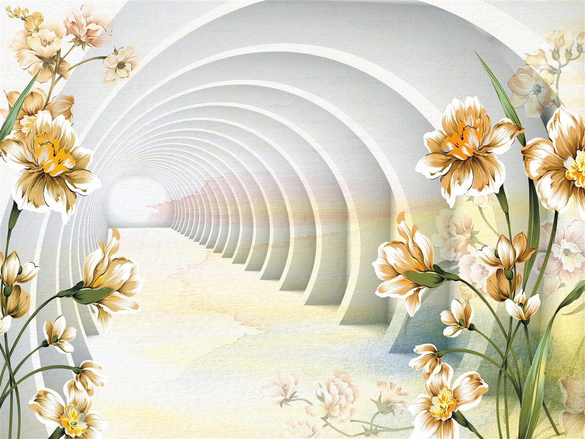 Papier peint Arches décorées de fleurs blanches