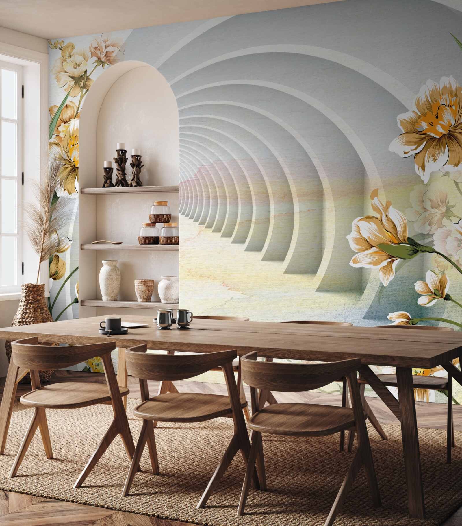 Papier peint Arches décorées de fleurs blanches