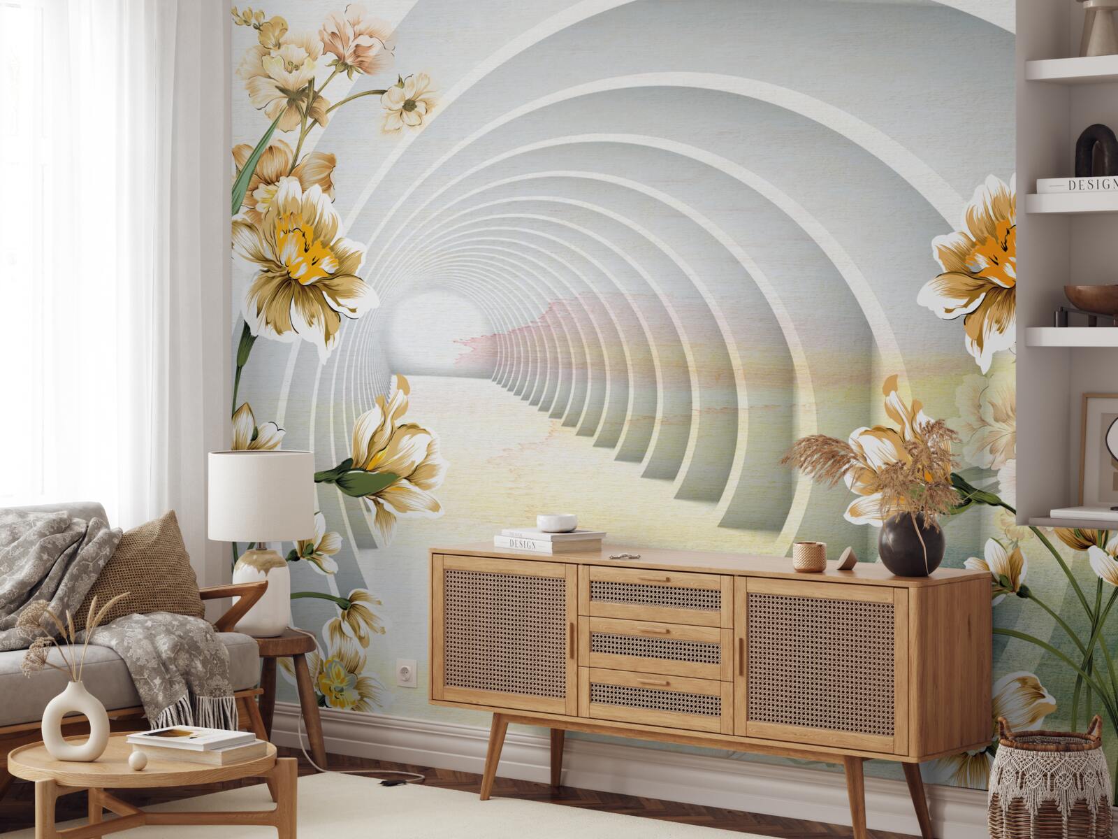 Papier peint Arches décorées de fleurs blanches