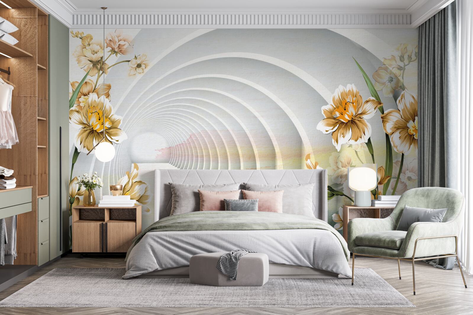 Papier peint Arches décorées de fleurs blanches