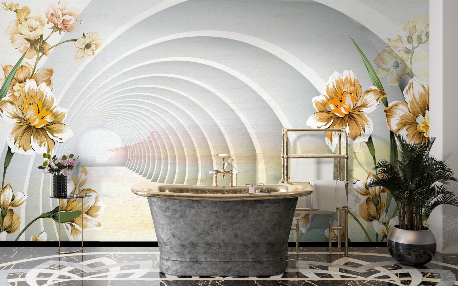 Papier peint Arches décorées de fleurs blanches